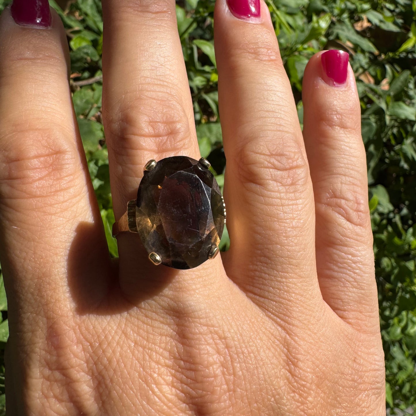 14K gold ring set with a striking Smoky Quartz in a deep, mysterious brown hue