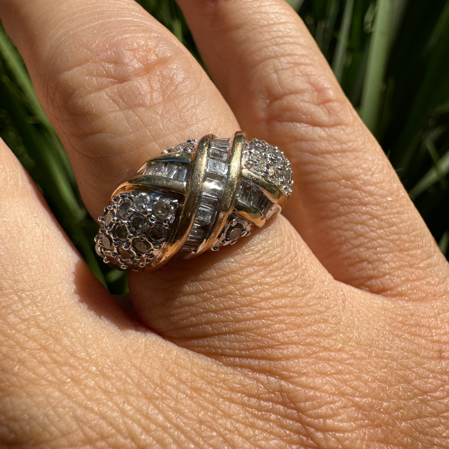 14K gold ring set with crisscrossed rows of baguette and round-cut Diamonds