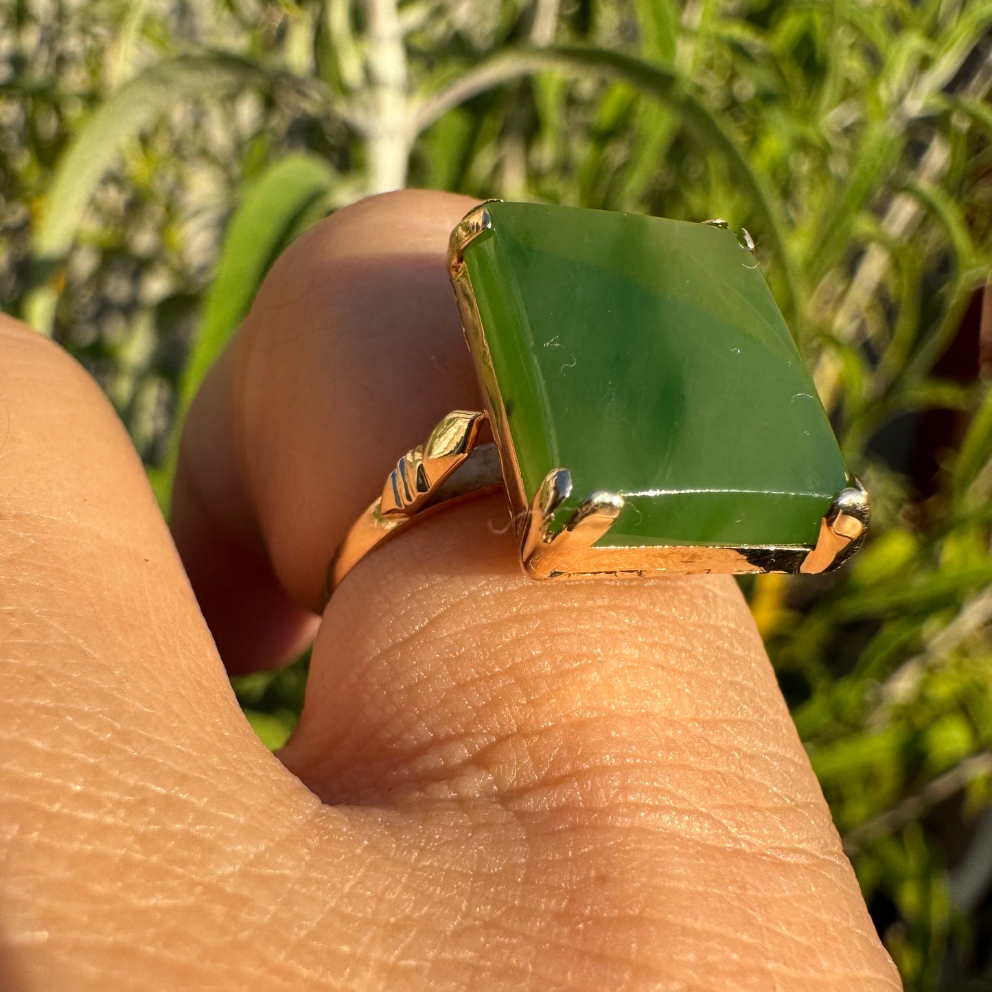 14K gold ring set with square green Jade