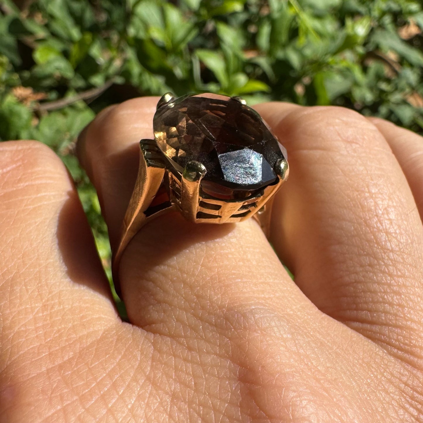 14K gold ring set with a striking Smoky Quartz in a deep, mysterious brown hue