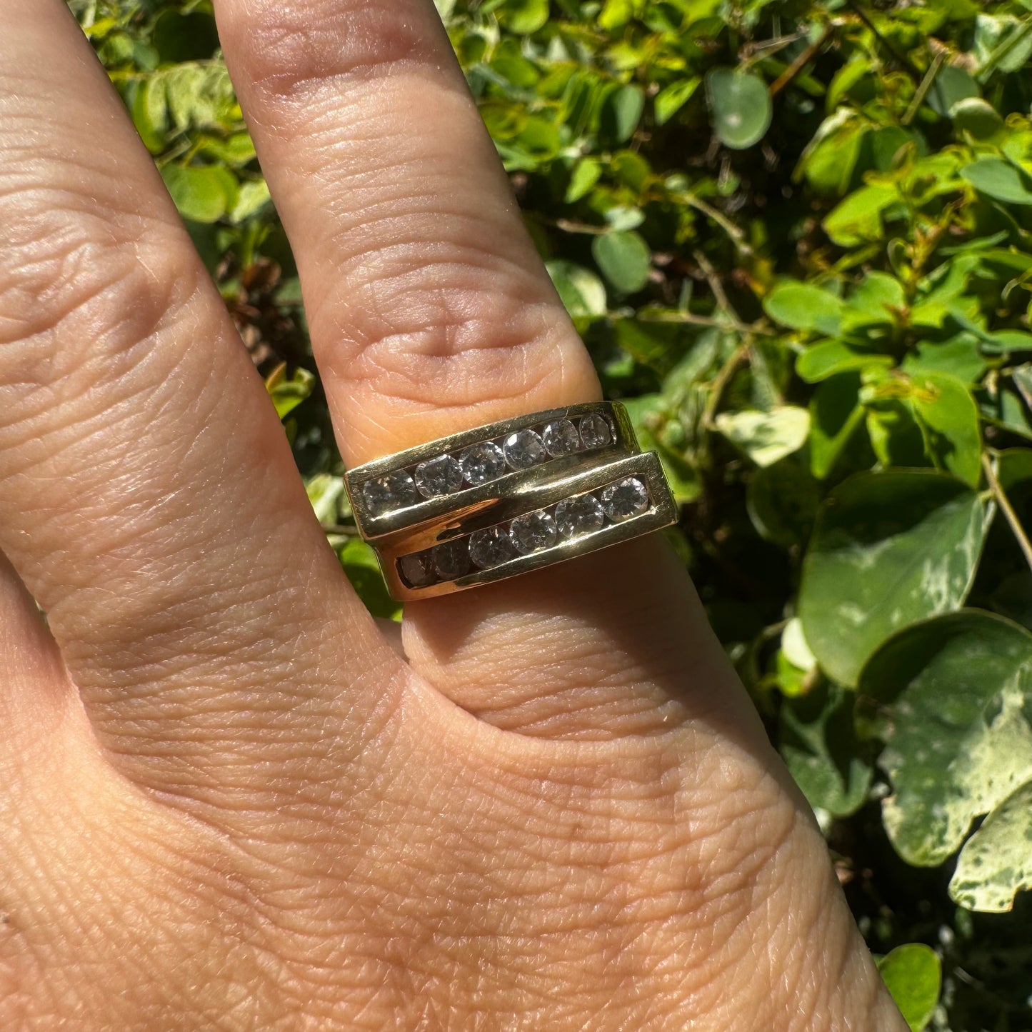 14K gold ring set with two parallel Diamond-set rows