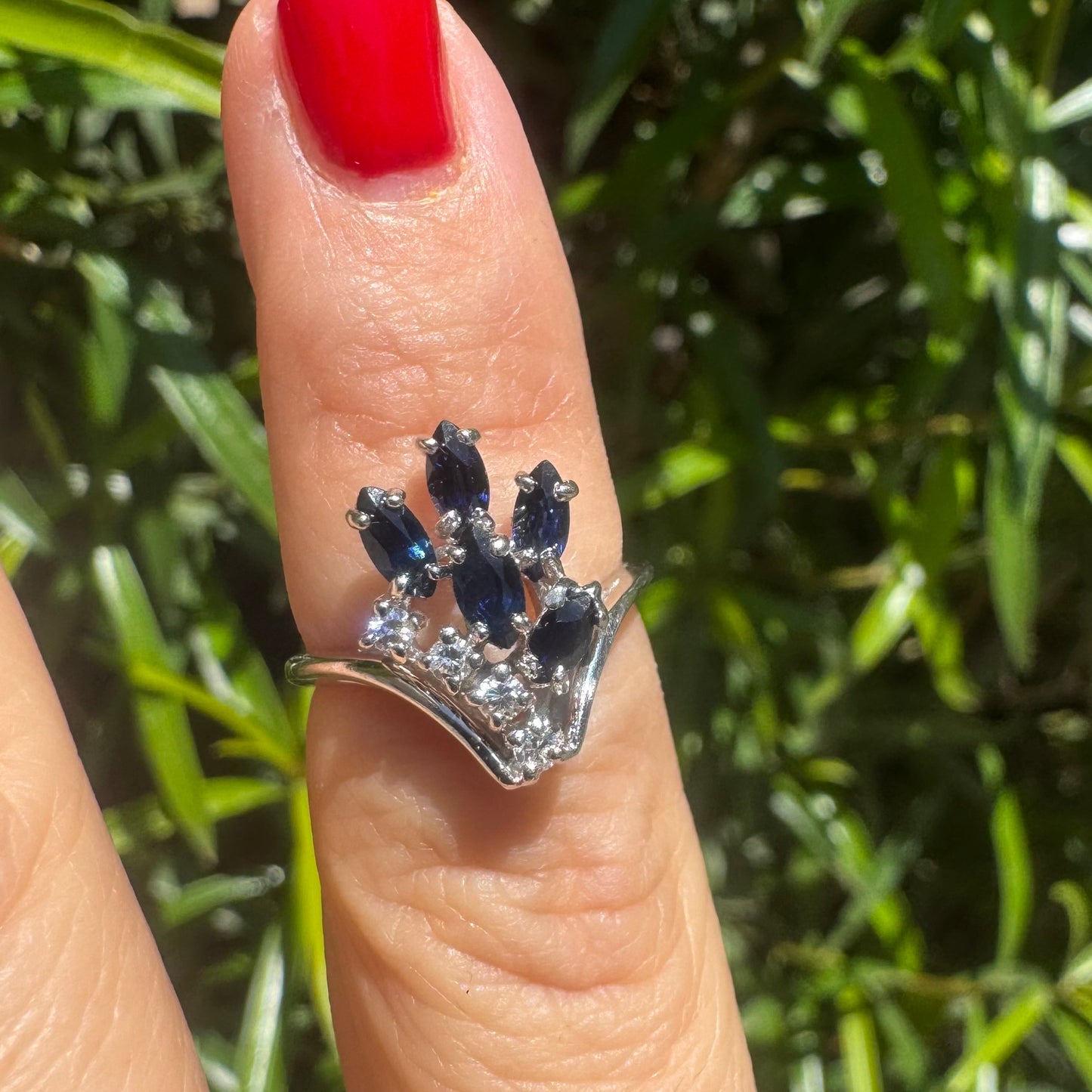 14K gold ring set with marquise-cut deep blue sapphires & Diamonds