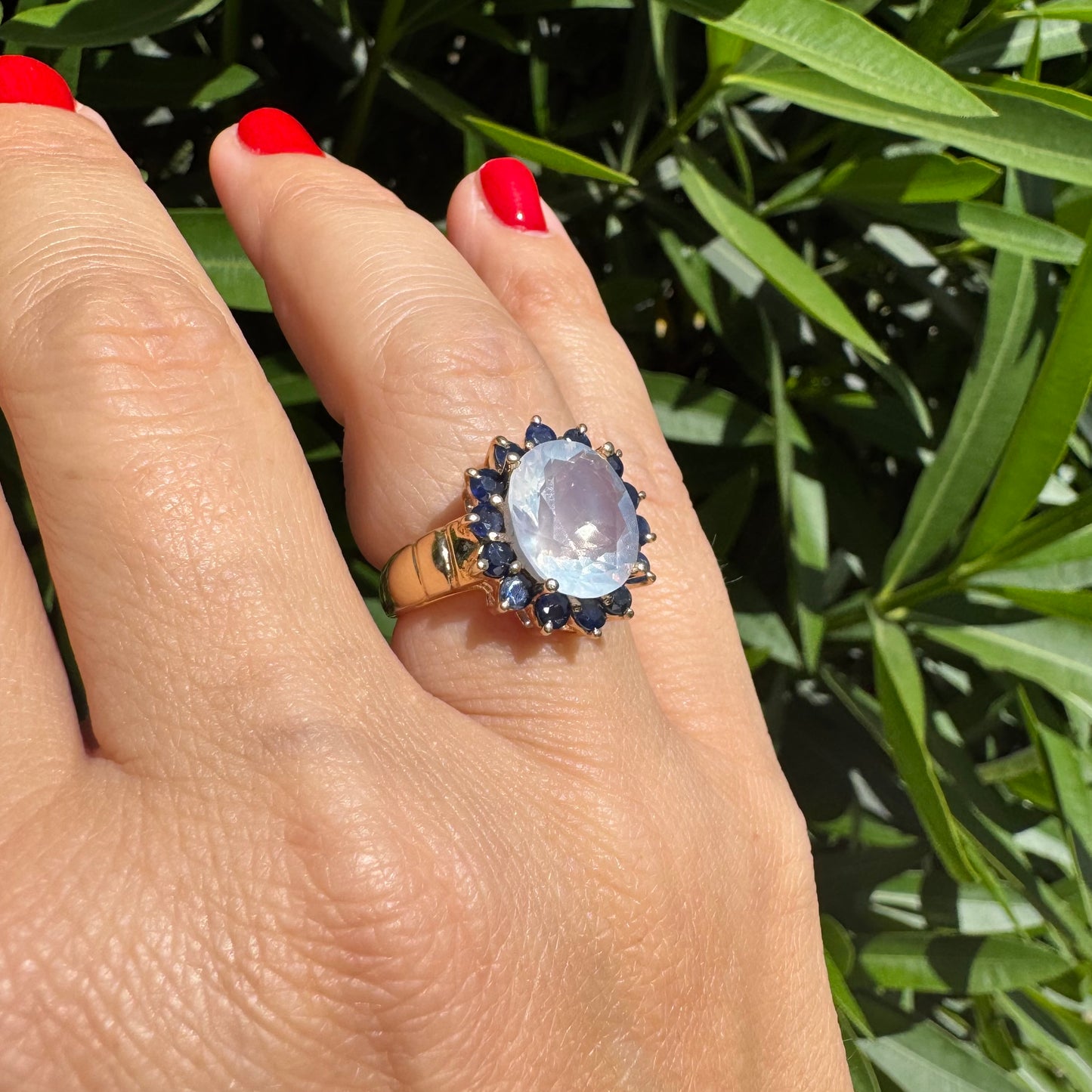 10K gold ring set with Light pink gemstone & Sapphire