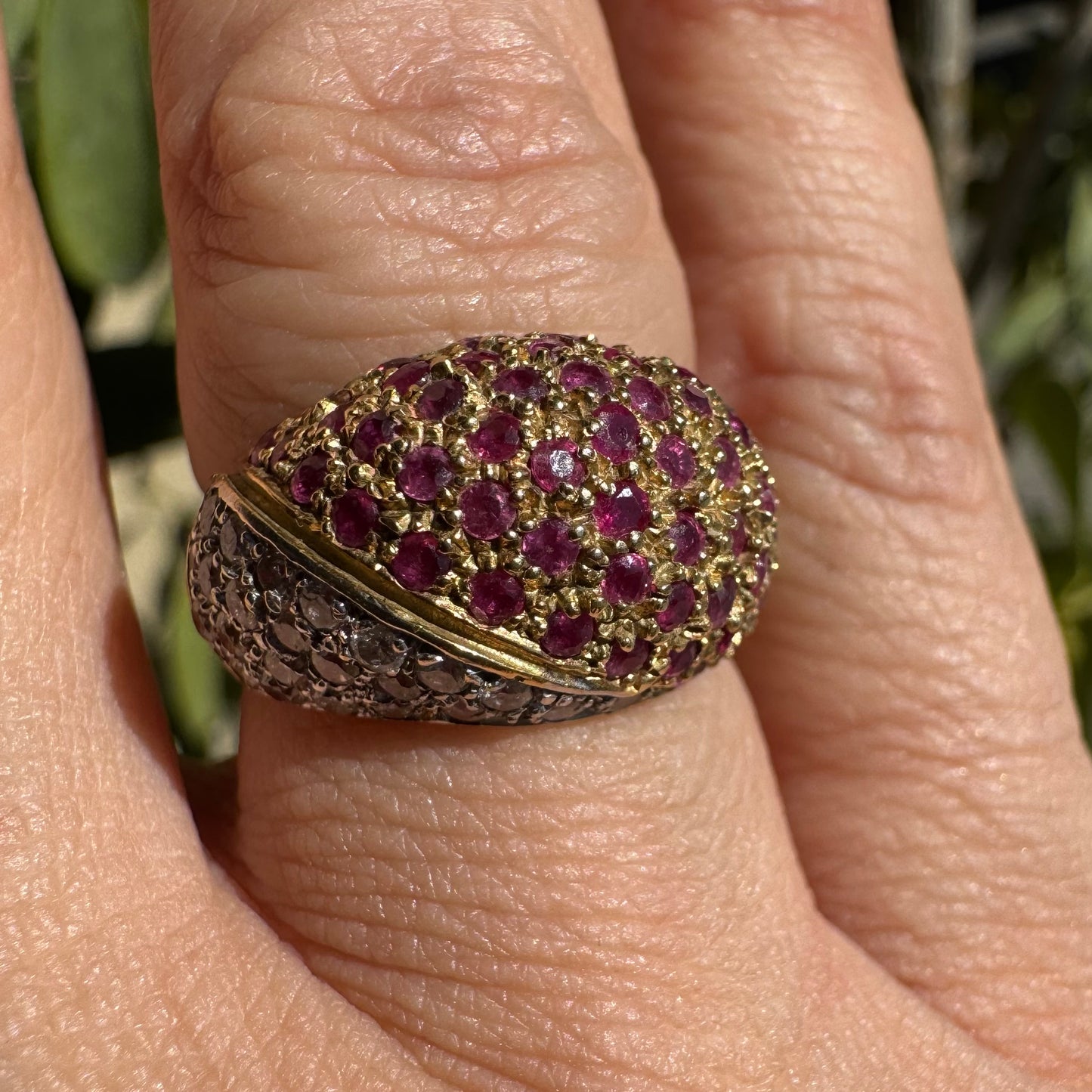 14K gold dome ring pavé-set with Diamonds and vivid Rubies in a striking two-tone design