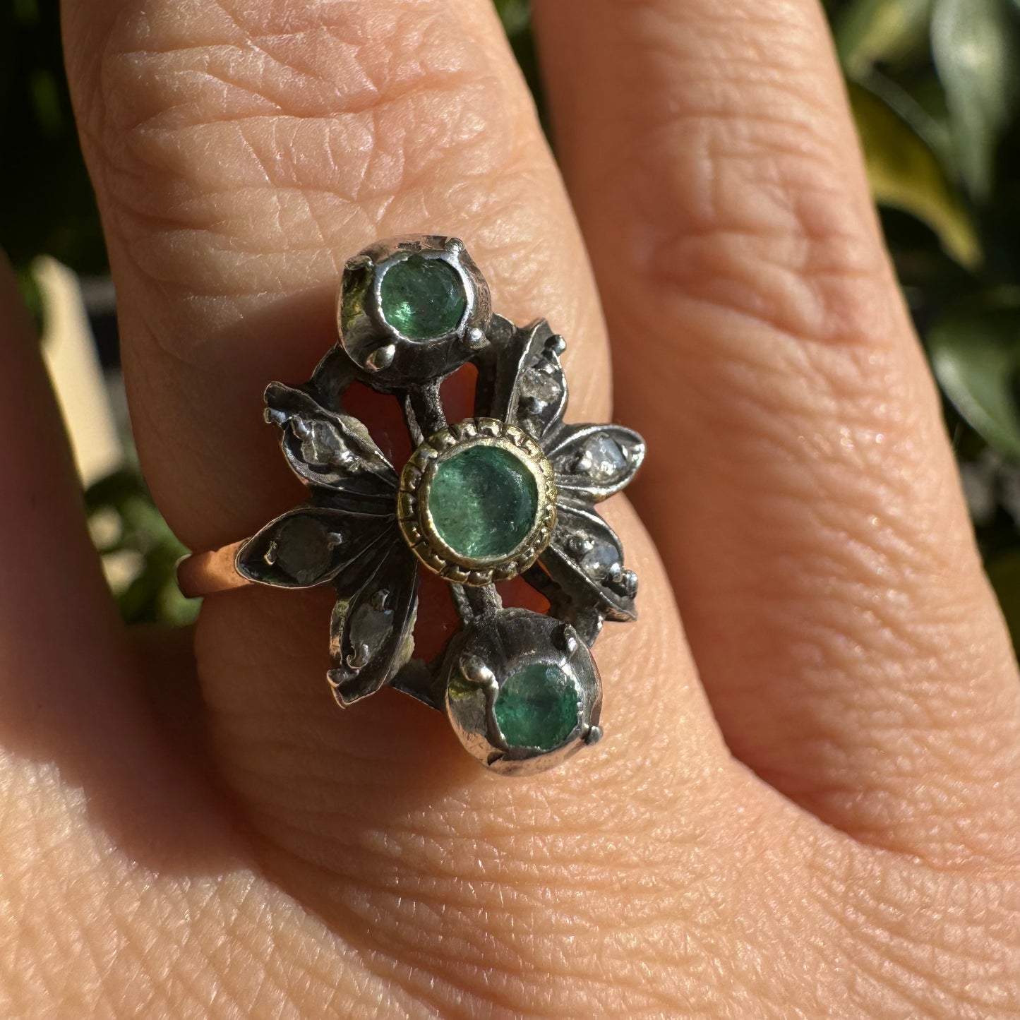 14K gold ring set with Emerald & Diamonds