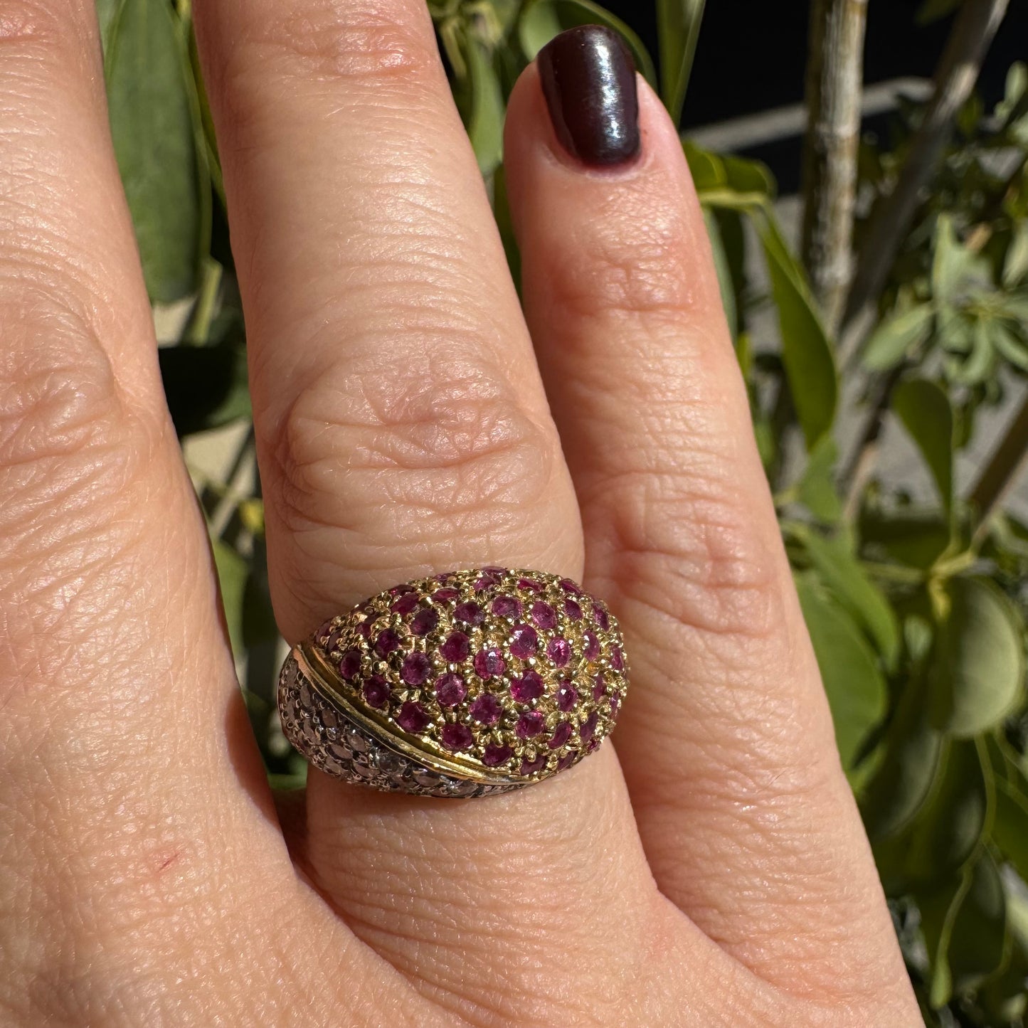 14K gold dome ring pavé-set with Diamonds and vivid Rubies in a striking two-tone design