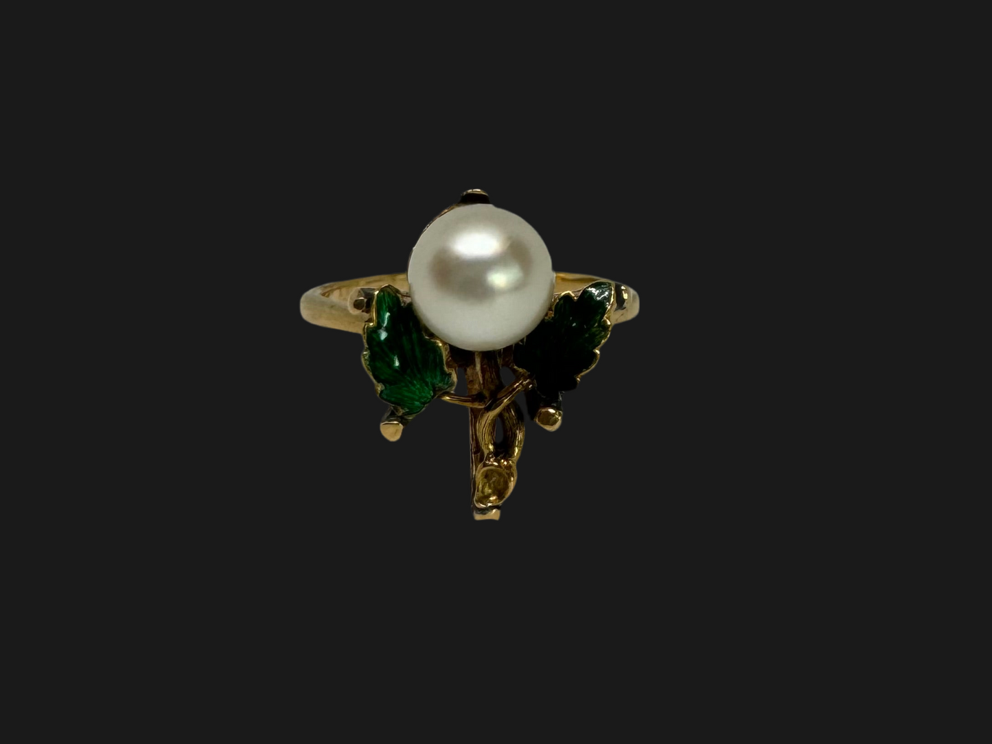 14K gold ring set with Pearl & Green Enamel