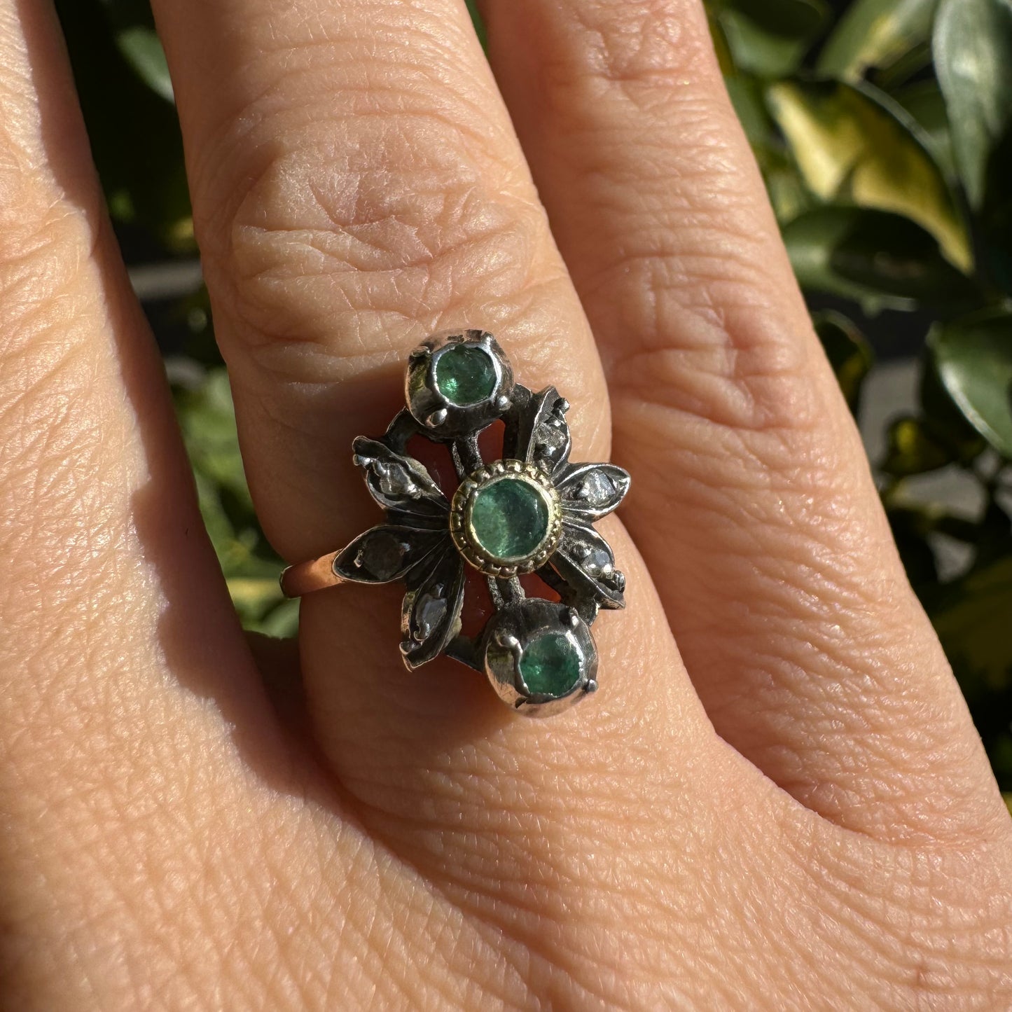 14K gold ring set with Emerald & Diamonds