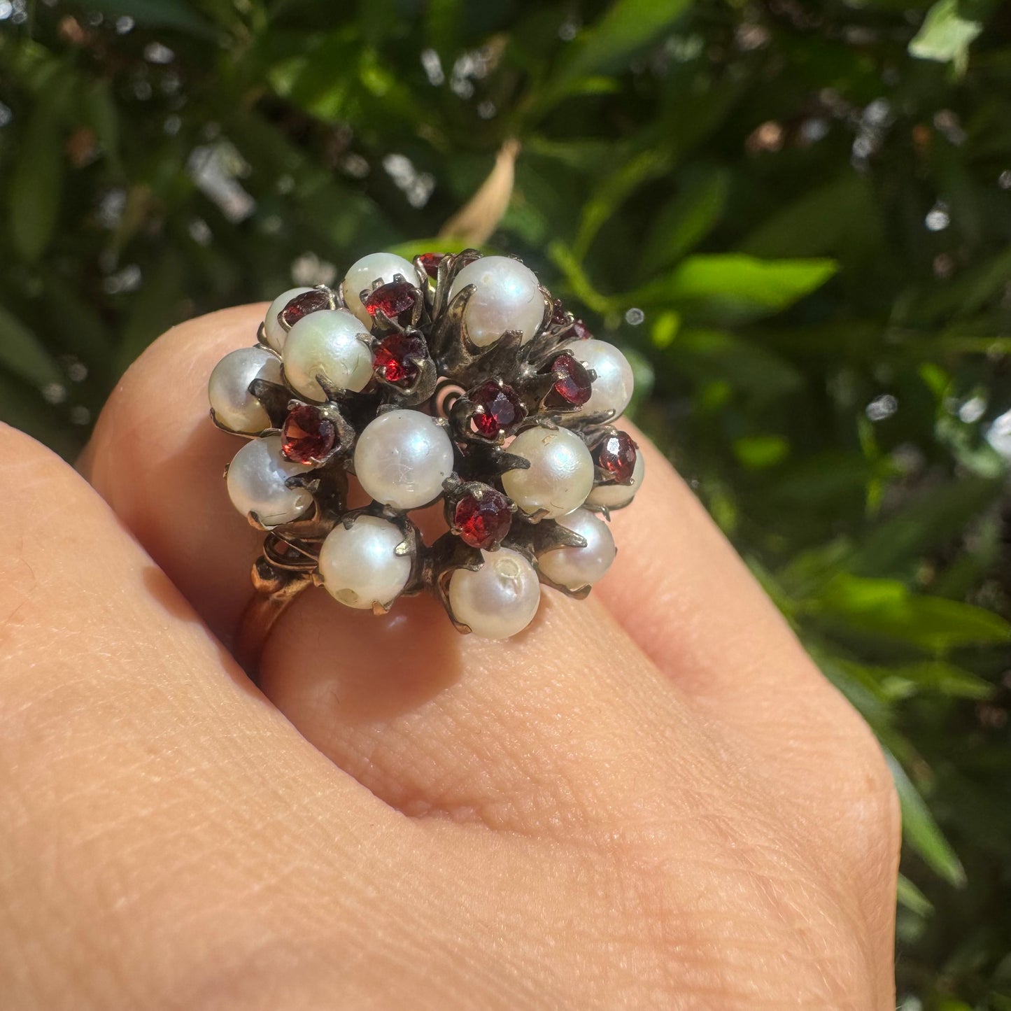 14K gold ring set with Pearls and fiery red Garnets