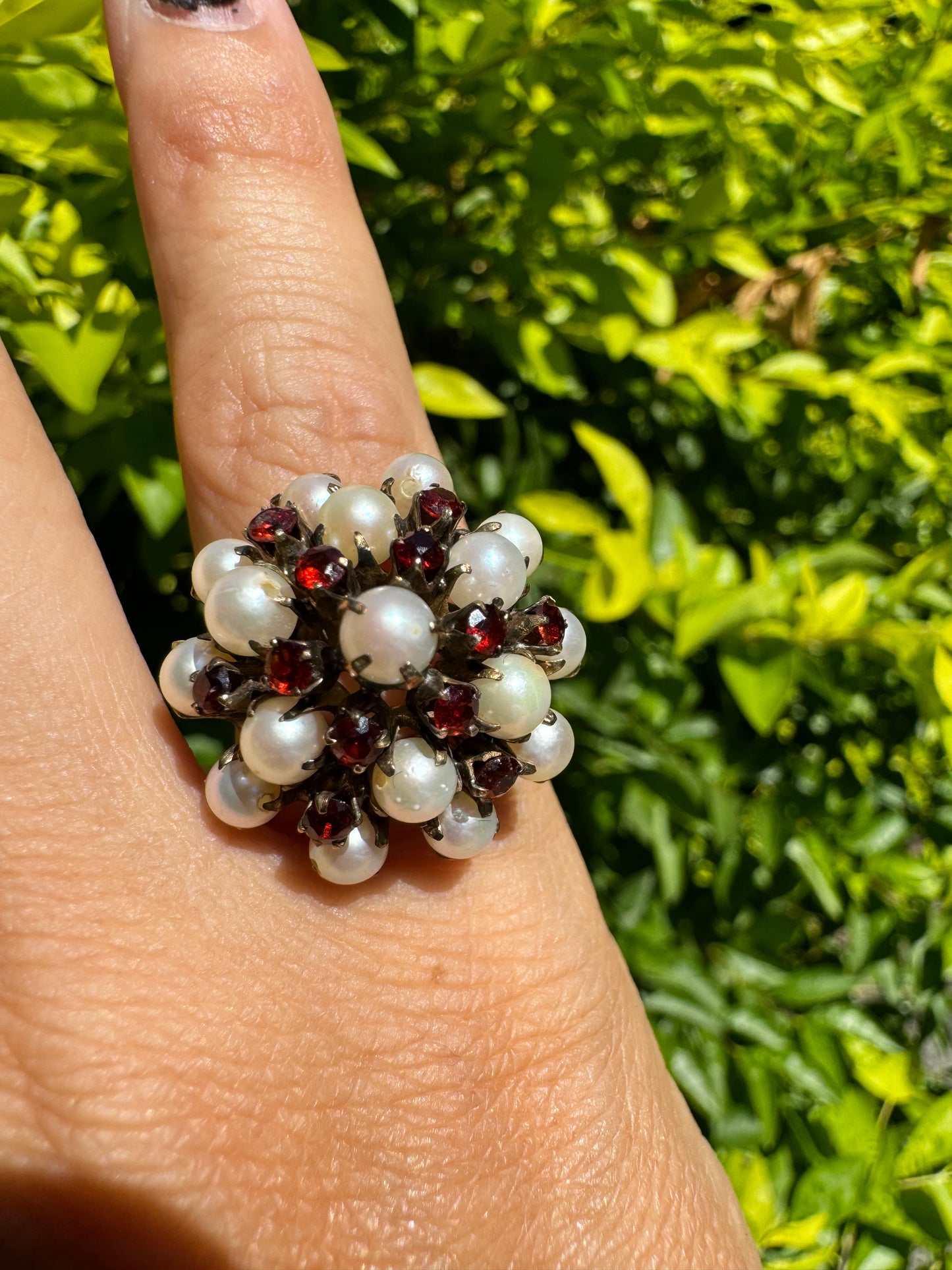 14K gold ring set with Pearls and fiery red Garnets