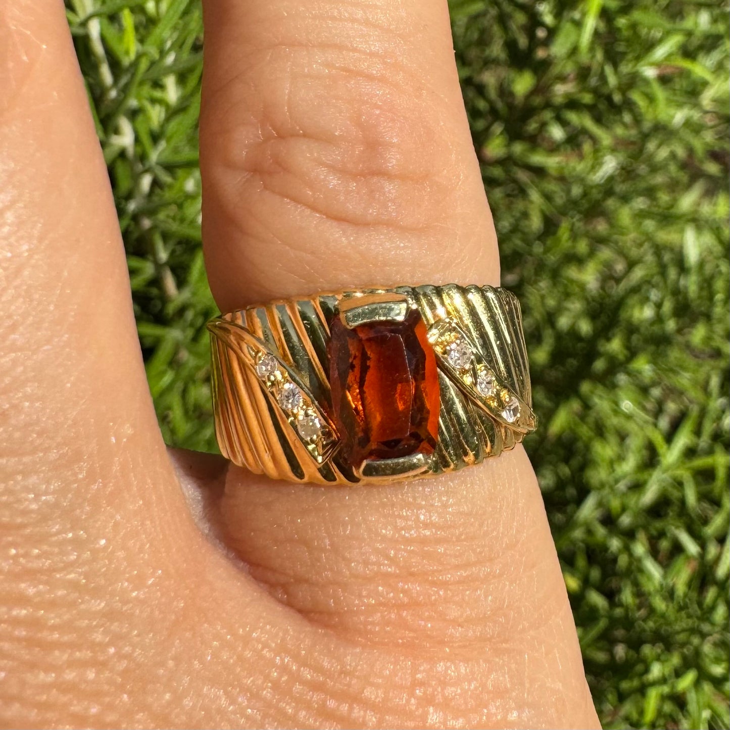 14K gold ring set with Citrine & Diamonds with a textured gold band