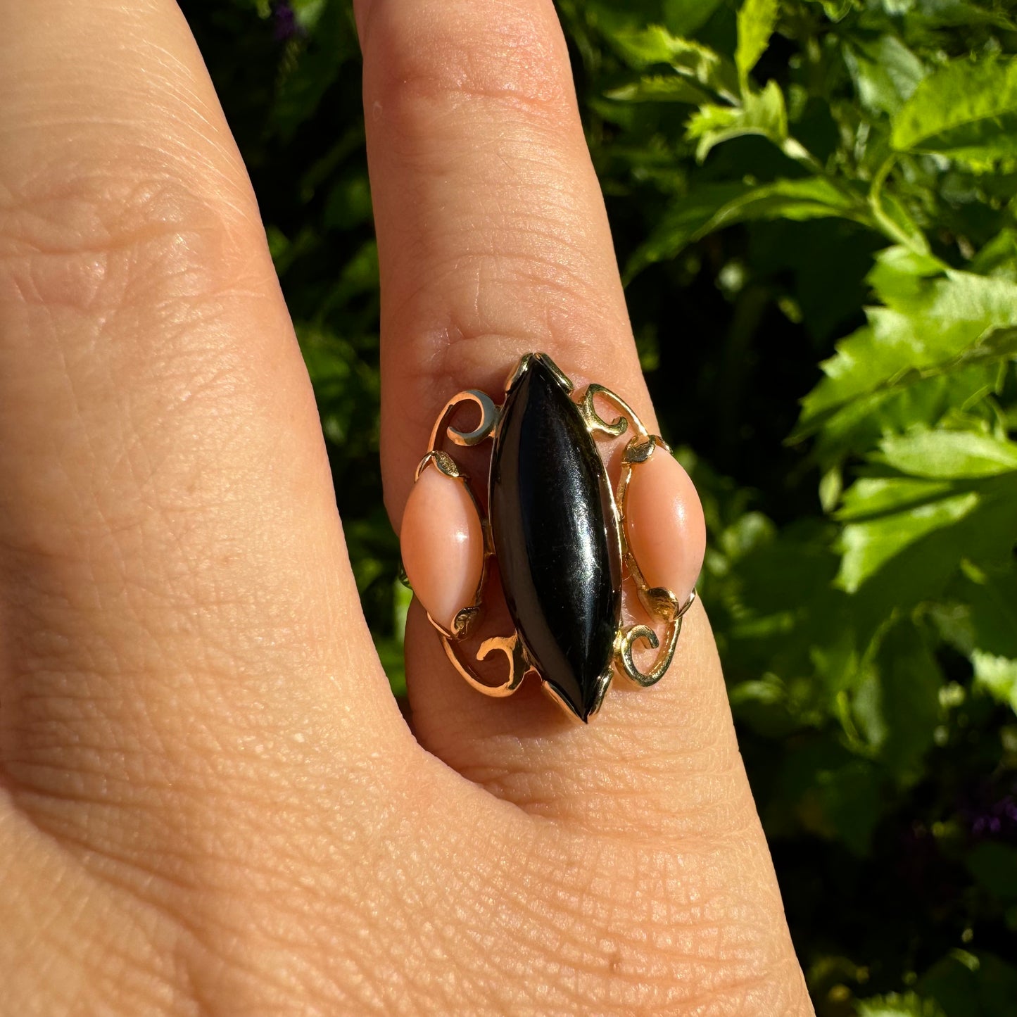 14K gold ring set with Black Onyx & Corals