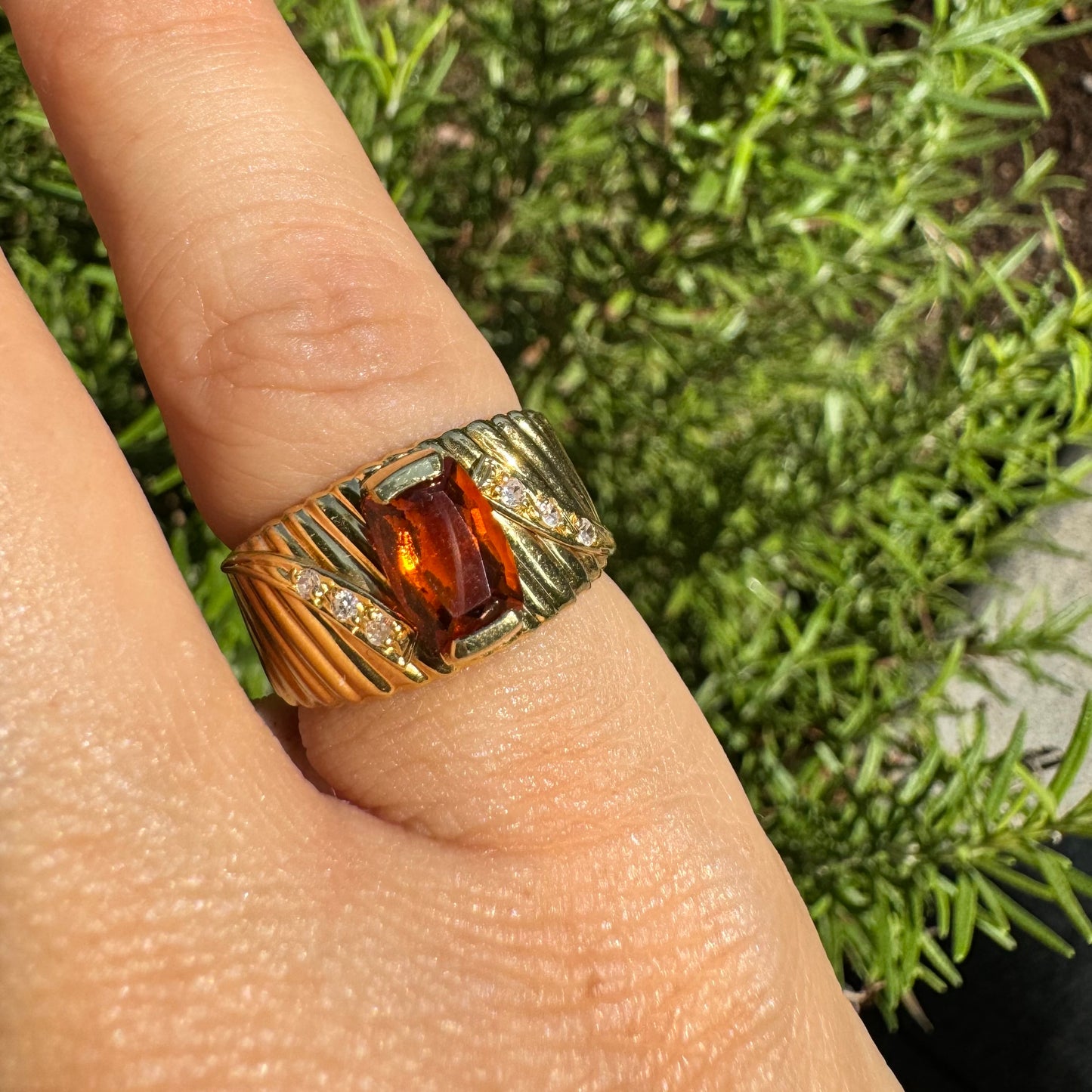 14K gold ring set with Citrine & Diamonds with a textured gold band