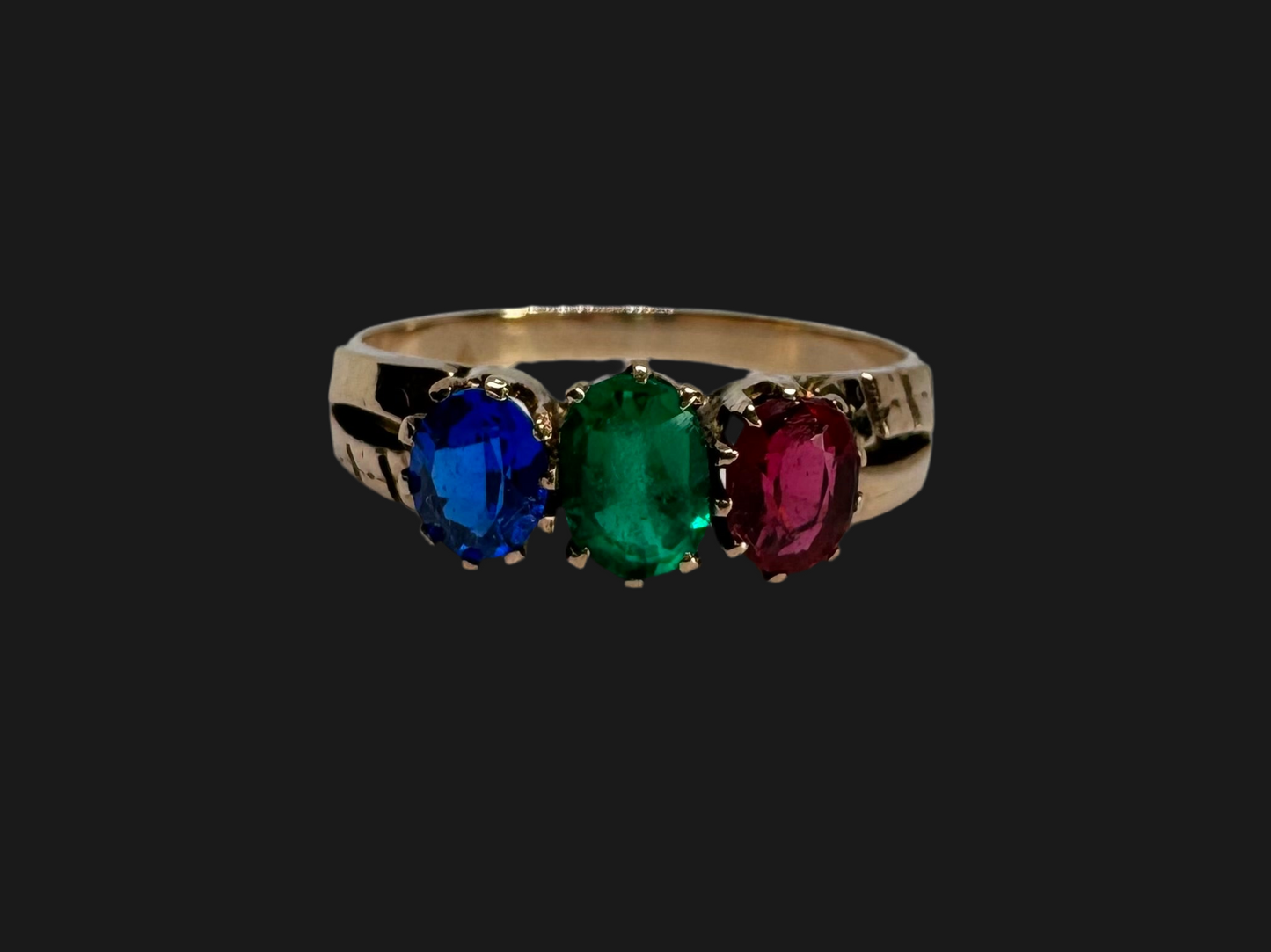 14K gold ring set with Ruby, Emerald & Sapphire