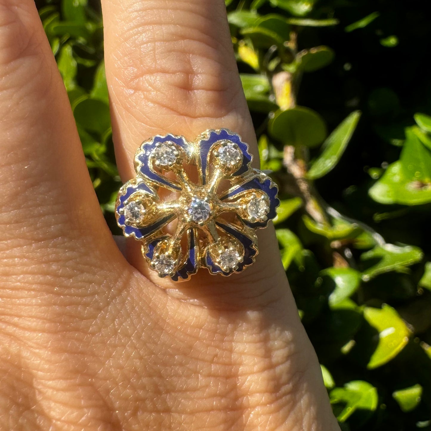 14K gold ring set with Diamonds & Blue Enamel