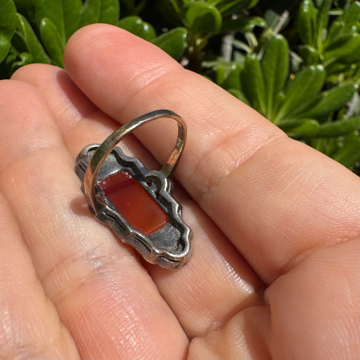 10K gold & Silver ring set with rich orange-red Carnelian & Diamonds