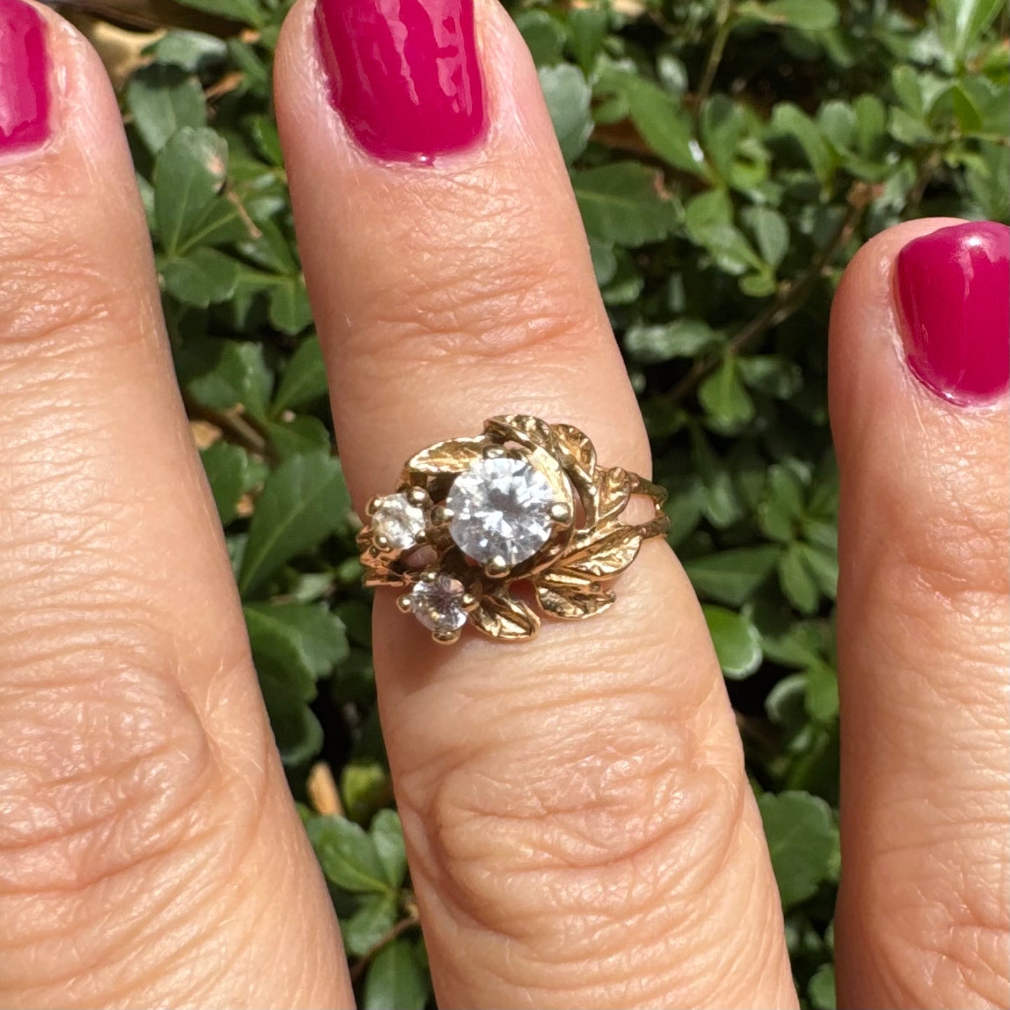 14K gold leaf ring with Sparkling transparent Stones