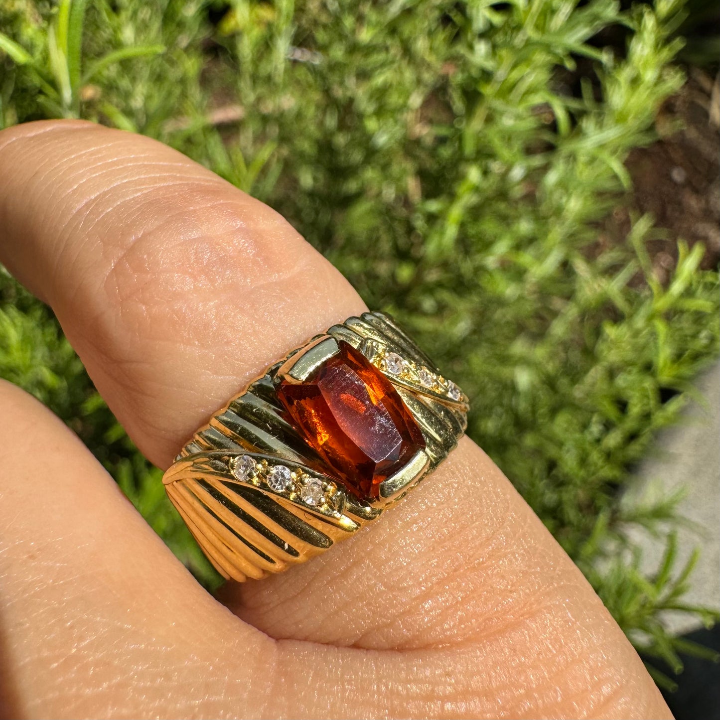 14K gold ring set with Citrine & Diamonds with a textured gold band