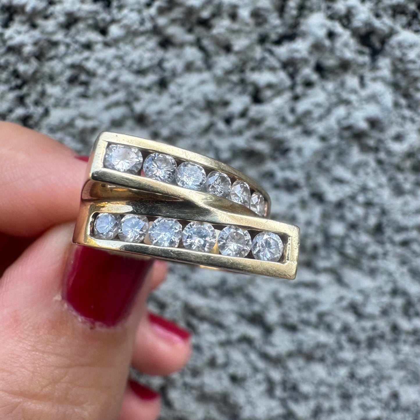 14K gold ring set with two parallel Diamond-set rows