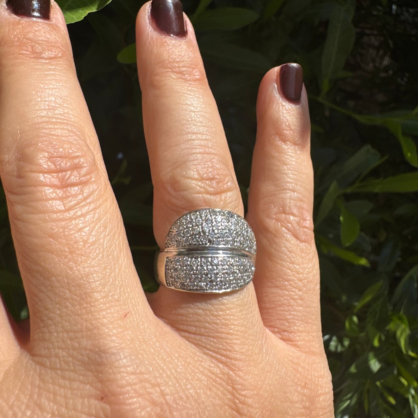 18K gold bold dome ring set with rows of brilliant pavé-set Diamonds