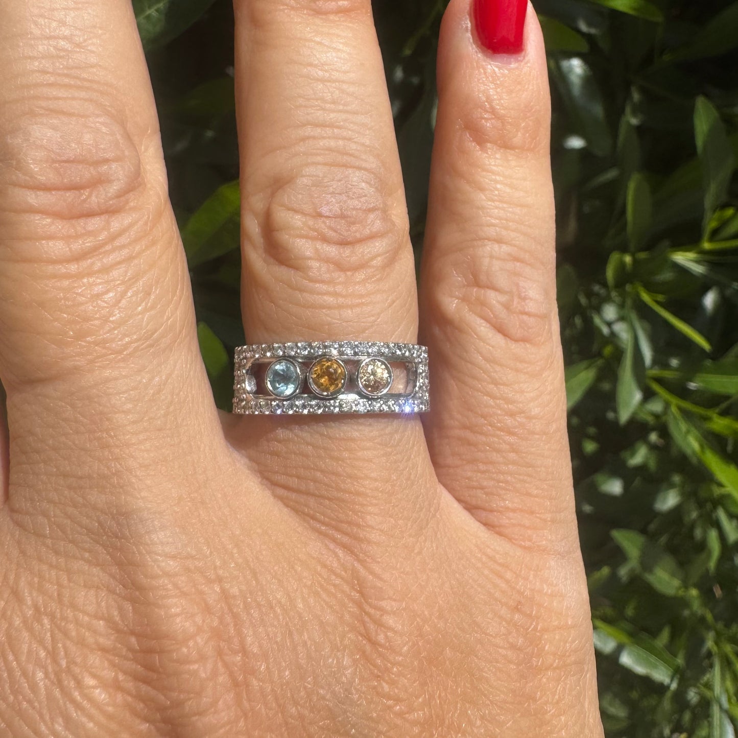 14K gold ring set with Aquamarine, Citrine and Rose Quartz, framed by a pave’ of sparkling diamonds