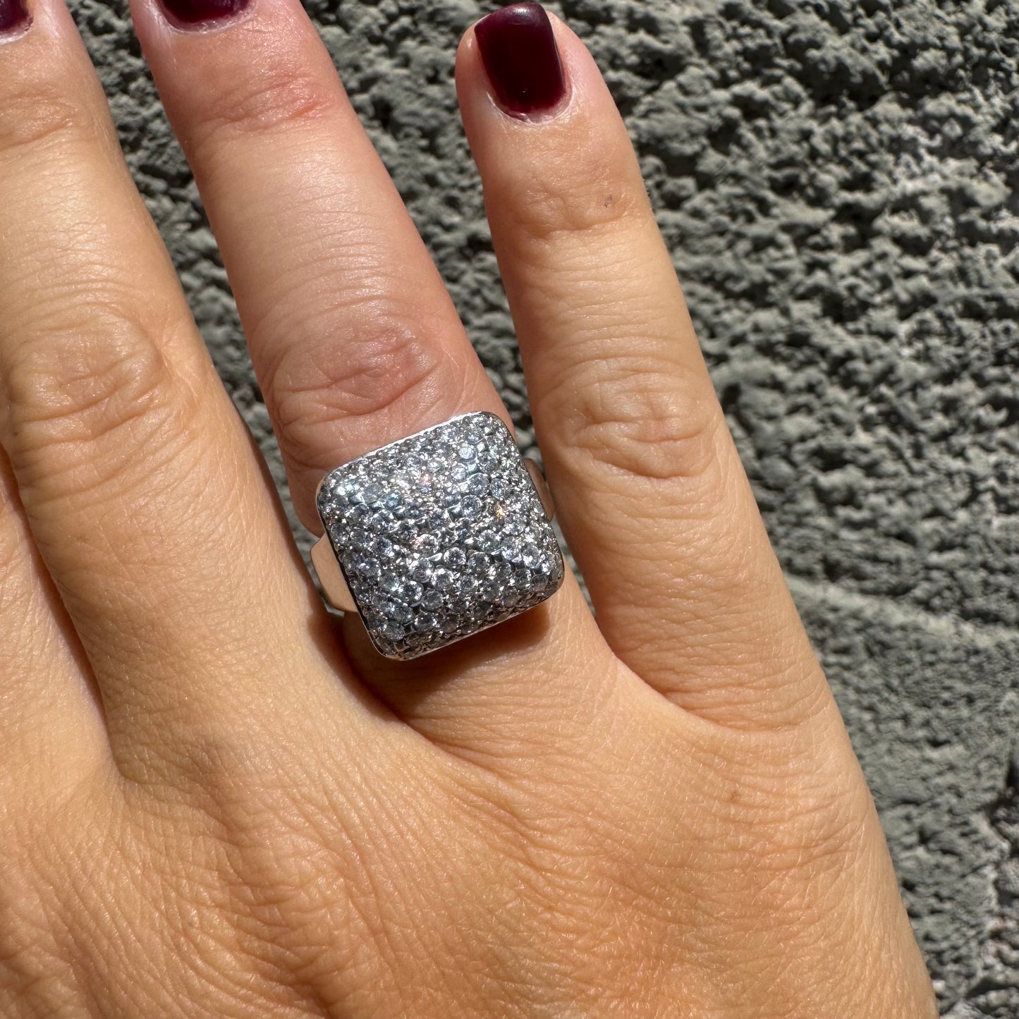 18K gold ring featuring a large square top fully set with sparkling pavé Diamonds, creating a dazzling and elegant statement piece.