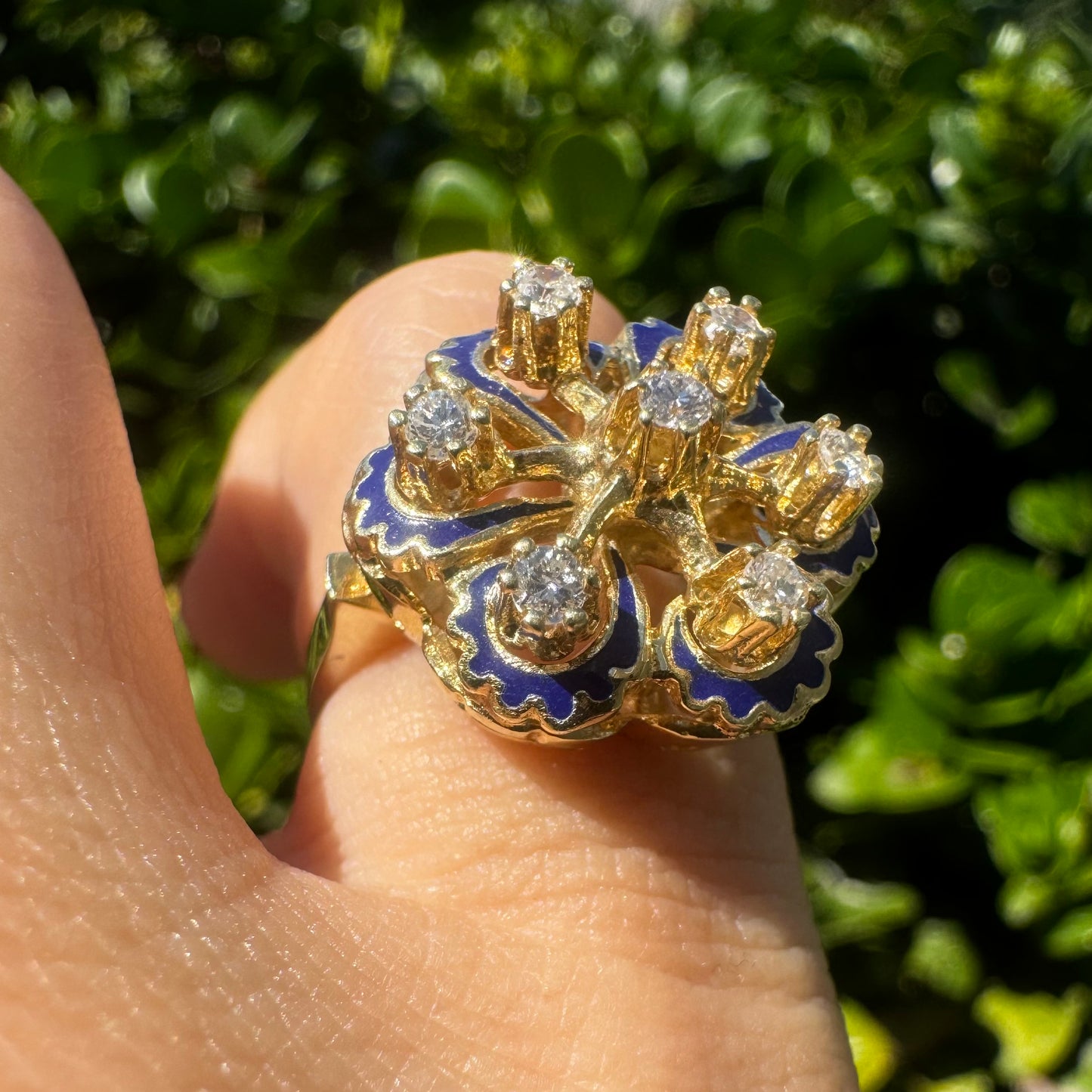 14K gold ring set with Diamonds & Blue Enamel