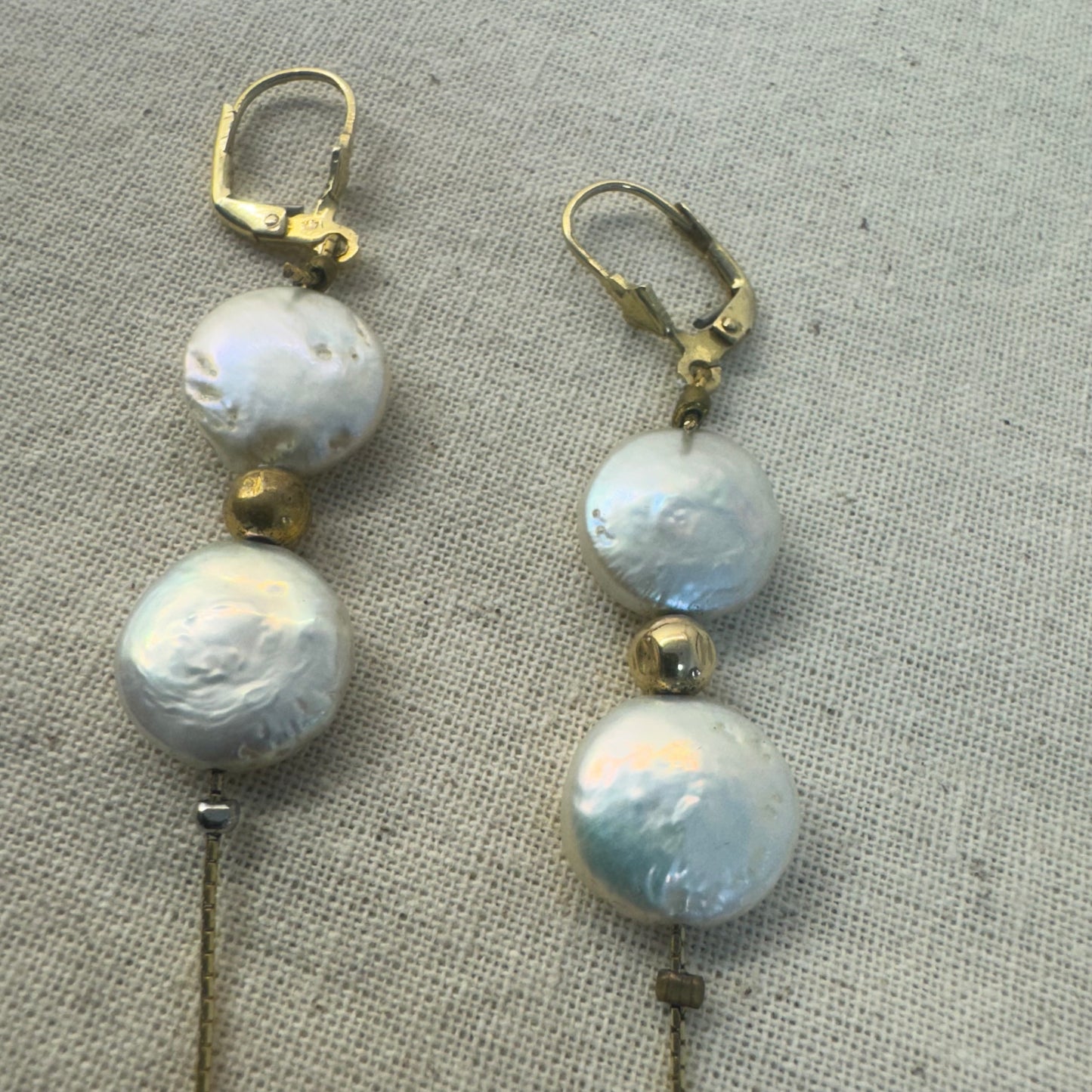 14K gold long drop earrings set lustrous coin pearls and baroque pearl drops