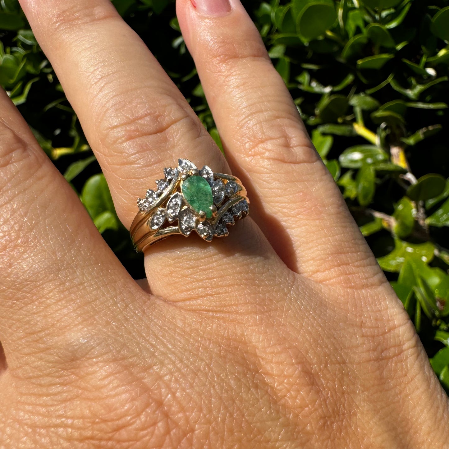 14K gold ring set with Emerald & Diamonds