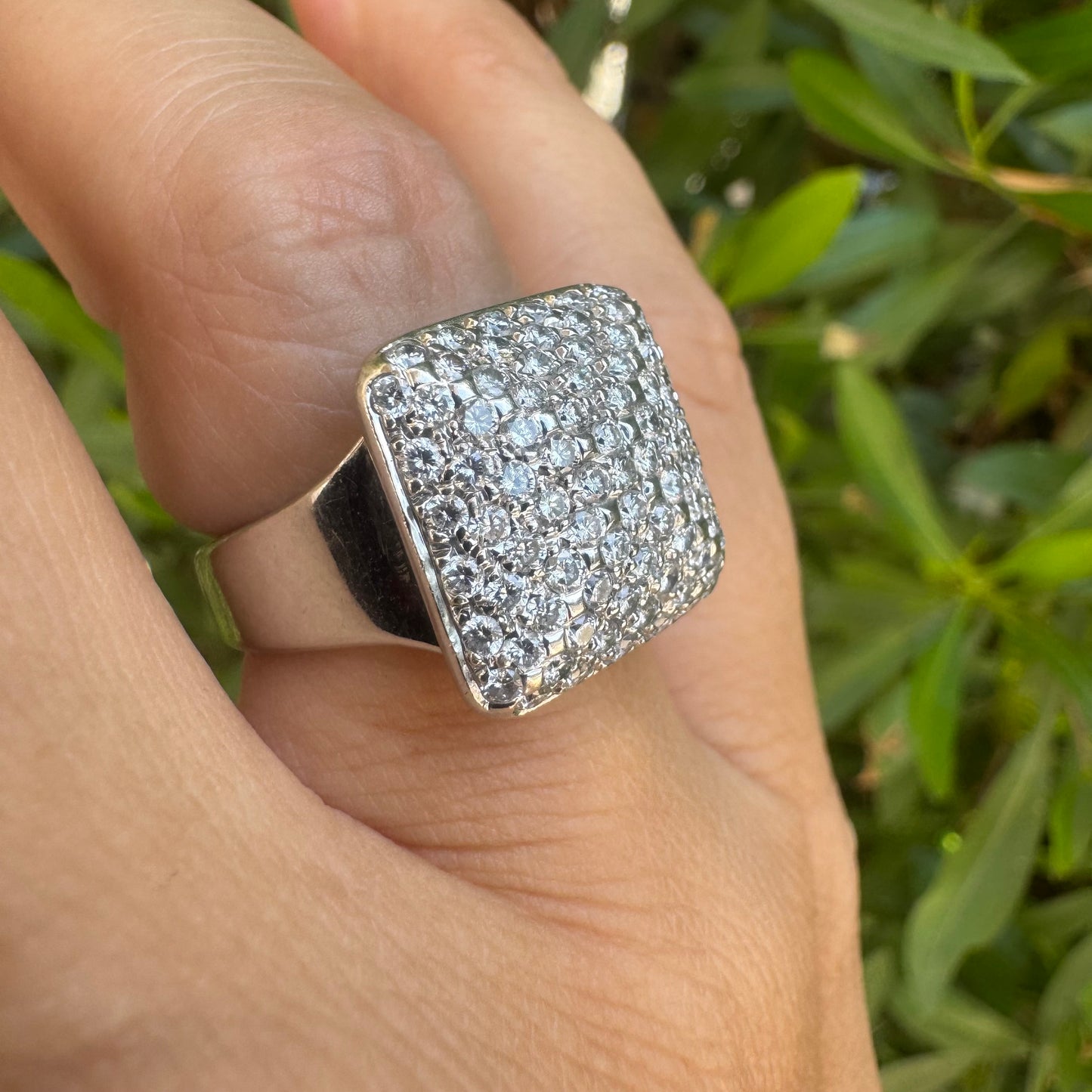 18K gold ring featuring a large square top fully set with sparkling pavé Diamonds, creating a dazzling and elegant statement piece.