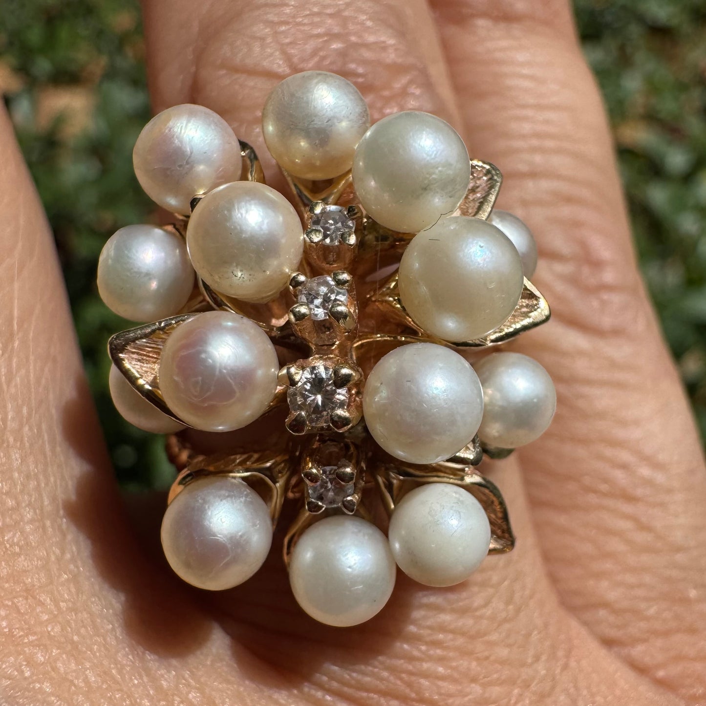 14K gold cocktail ring set with Pearls and Diamonds