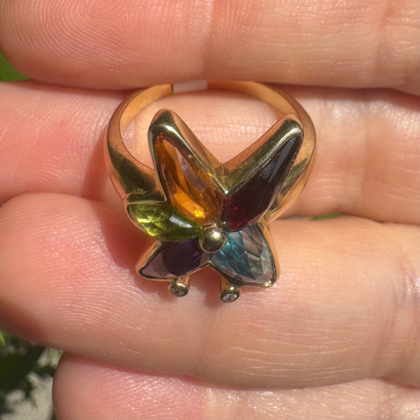 14K gold ring set with colorful gemstones in a butterfly design & Diamonds