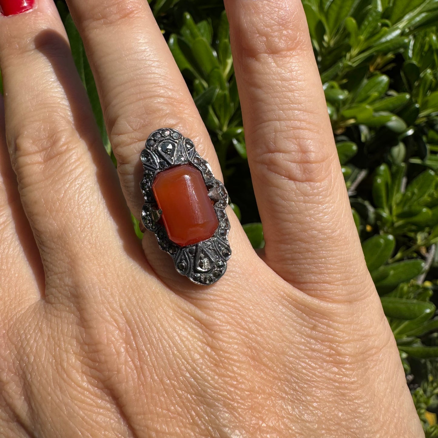 10K gold & Silver ring set with rich orange-red Carnelian & Diamonds