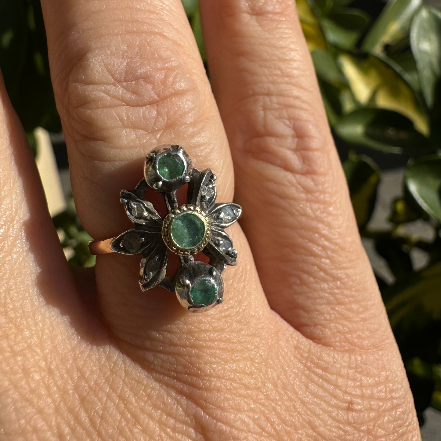 14K gold ring set with Emerald & Diamonds