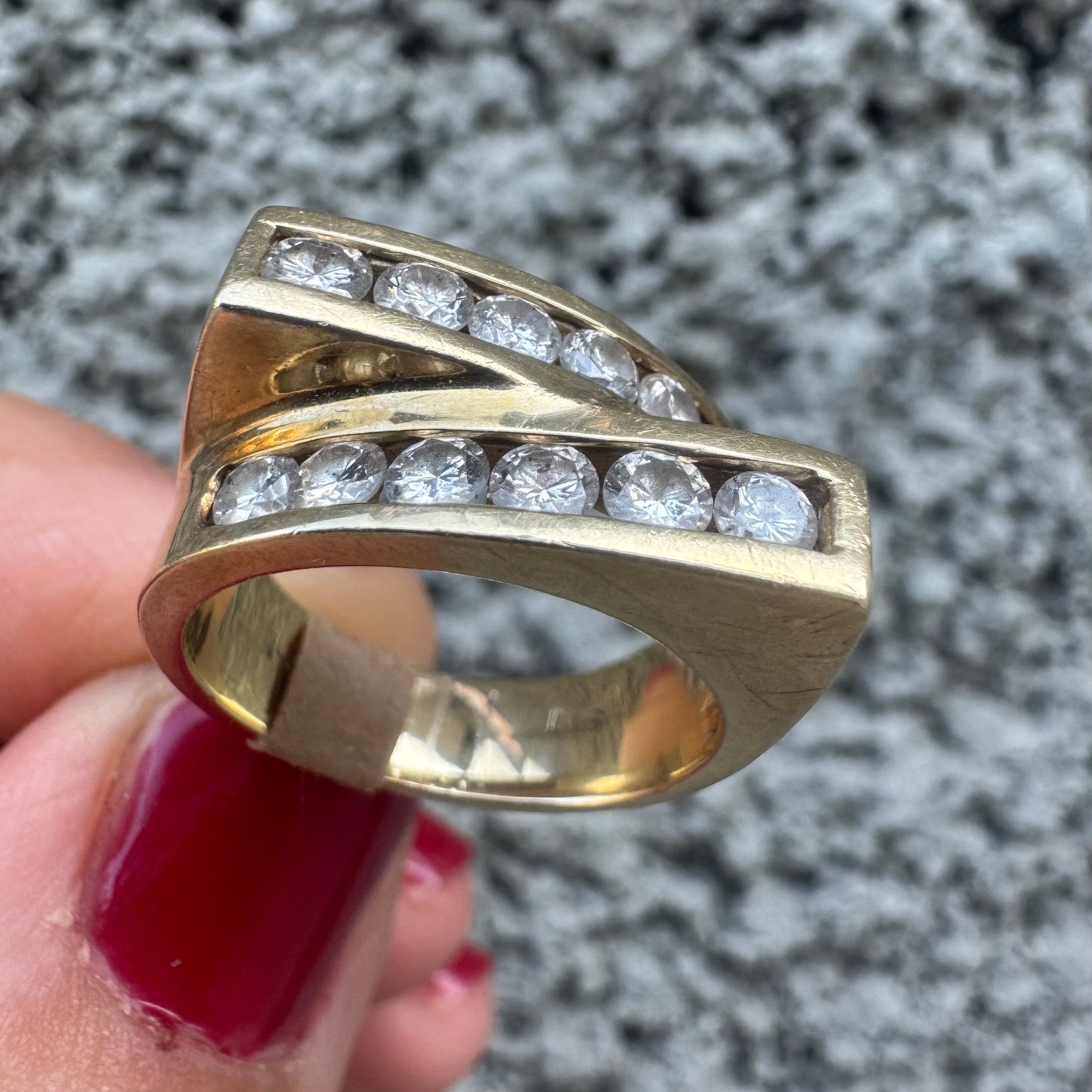 14K gold ring set with two parallel Diamond-set rows