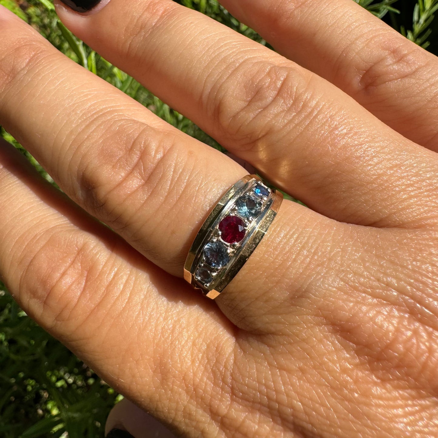 10K gold ring set with three stones-Ruby, Blue Topaz & Sapphire