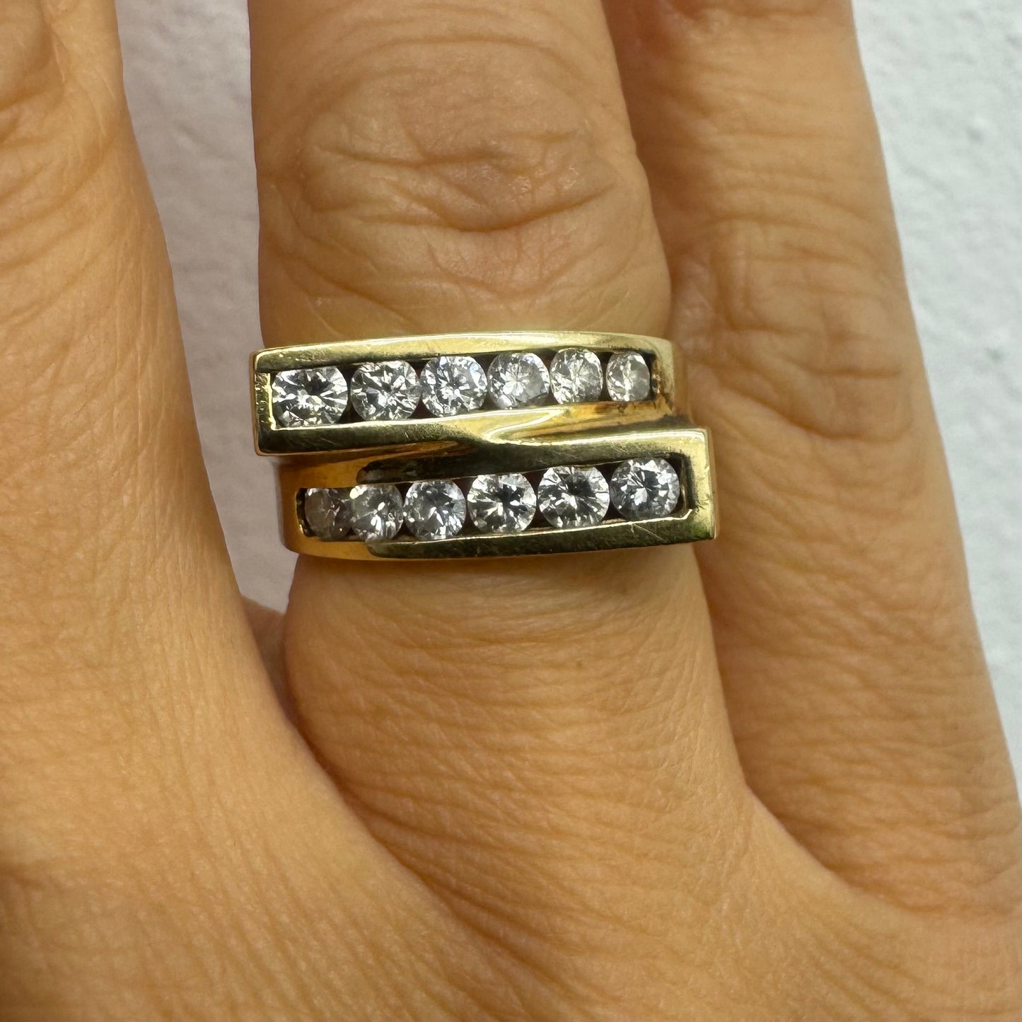 14K gold ring set with two parallel Diamond-set rows