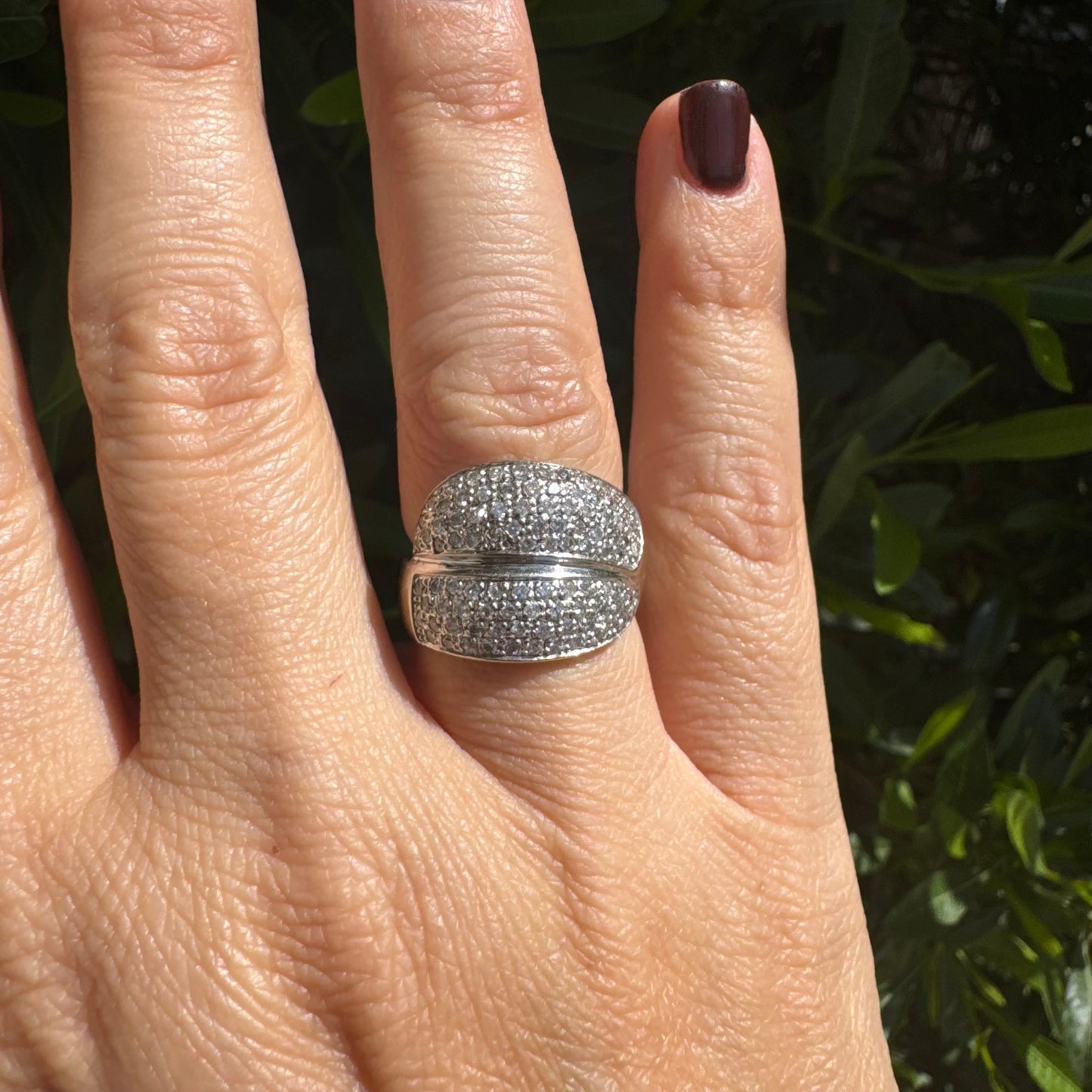 18K gold bold dome ring set with rows of brilliant pavé-set Diamonds