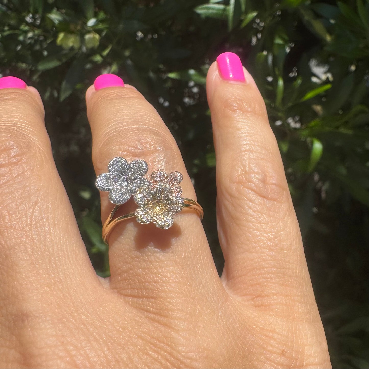 14K gold trio ring featuring white, yellow & rose gold blossoms, each encrusted with sparkling Diamonds.