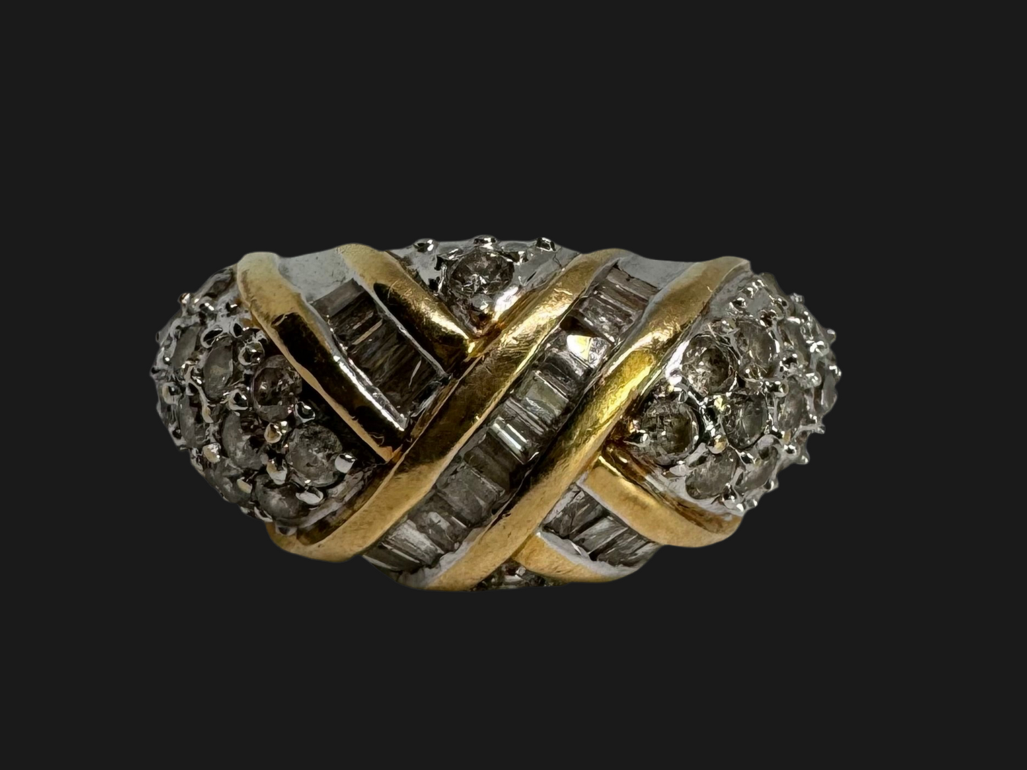 14K gold ring set with crisscrossed rows of baguette and round-cut Diamonds