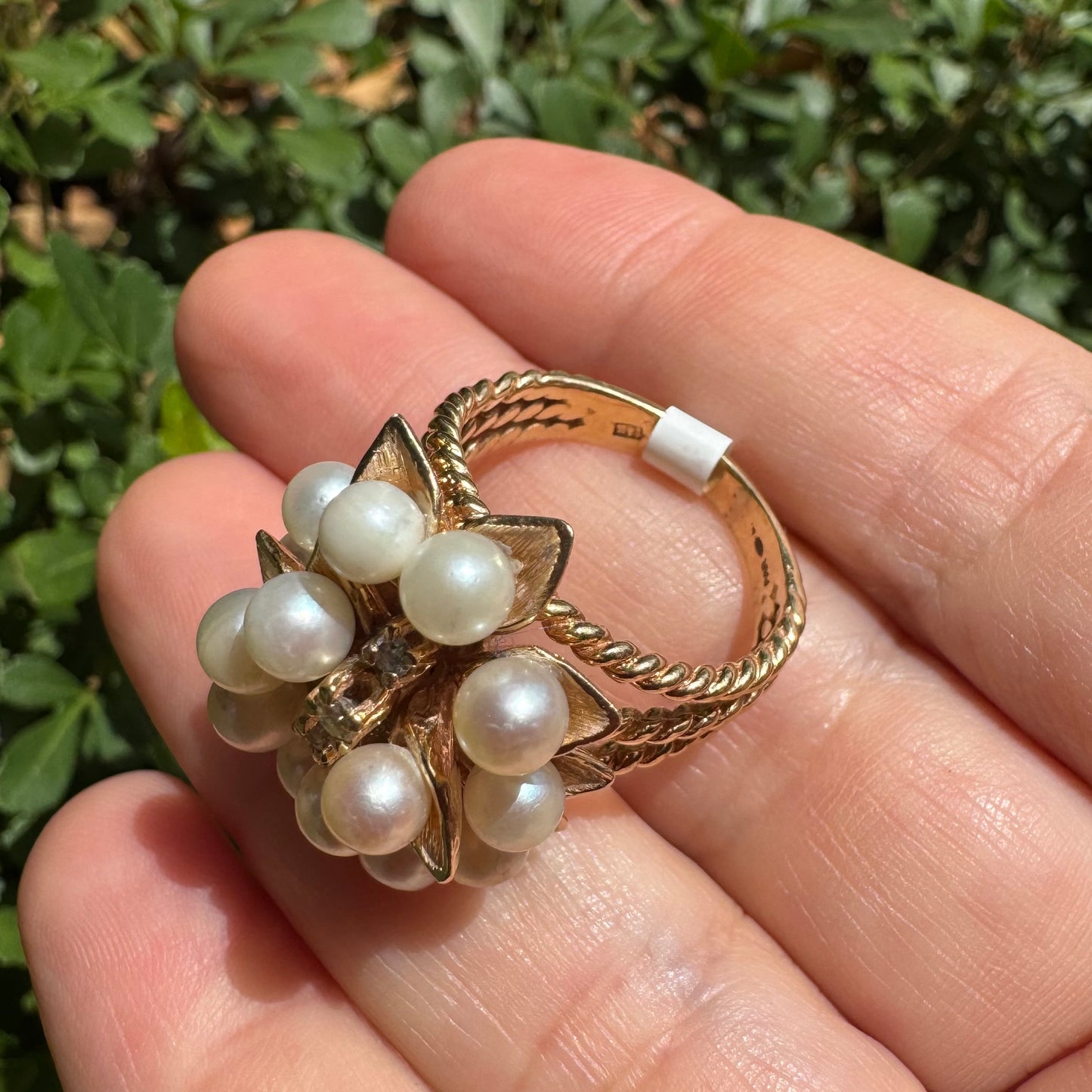 14K gold cocktail ring set with Pearls and Diamonds