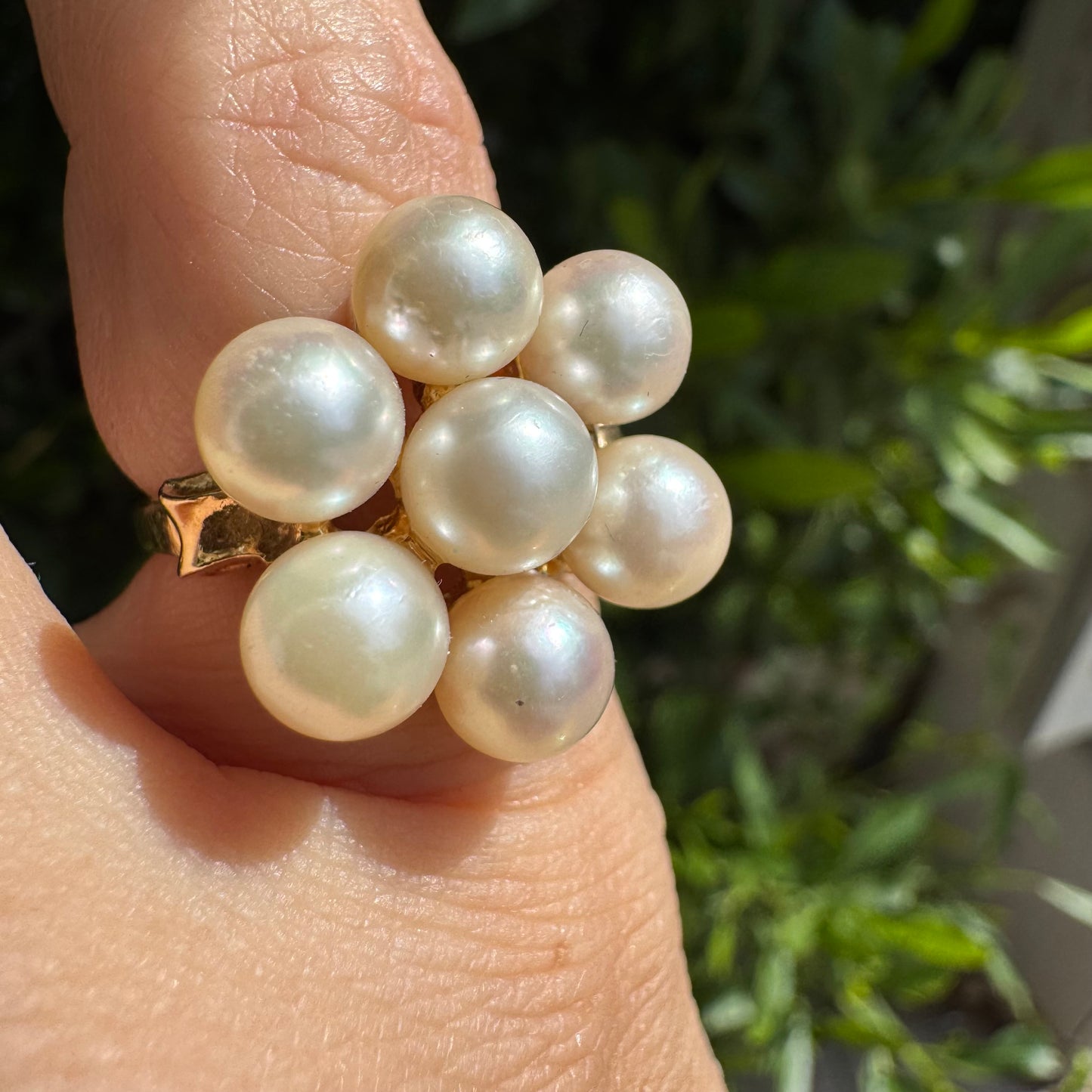 14K gold ring set with seven round Pearls in a bold floral cluster