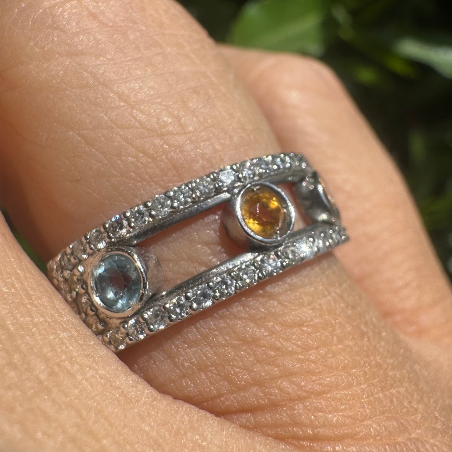 14K gold ring set with Aquamarine, Citrine and Rose Quartz, framed by a pave’ of sparkling diamonds