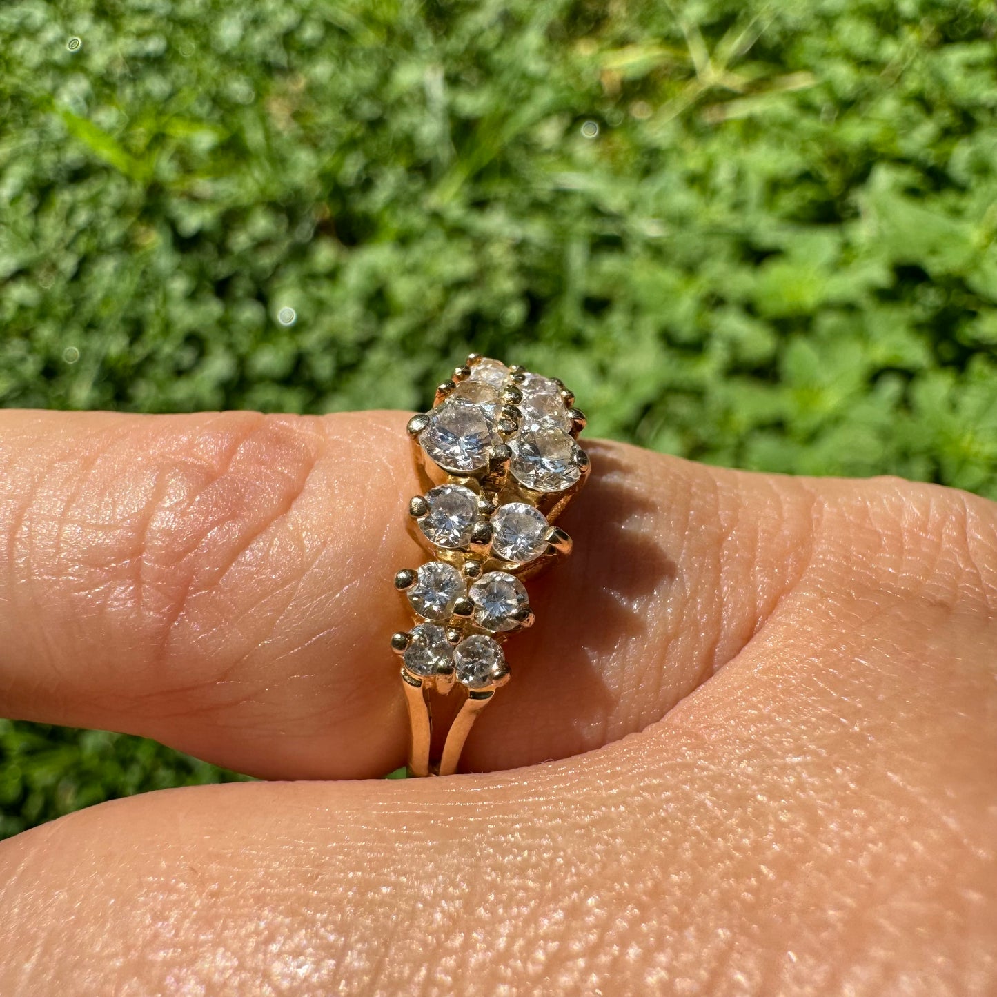 14K gold ring set with two dazzling rows of round-cut Diamonds