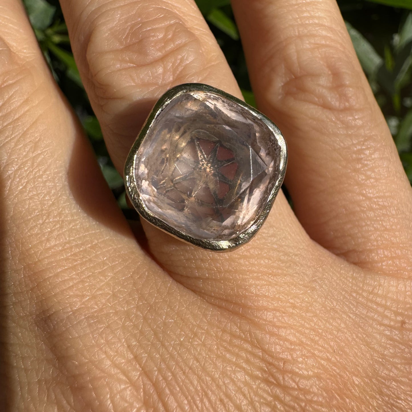 18K gold H.Stern ring set with a translucent Rose Quartz in a flat, cushion-style cut