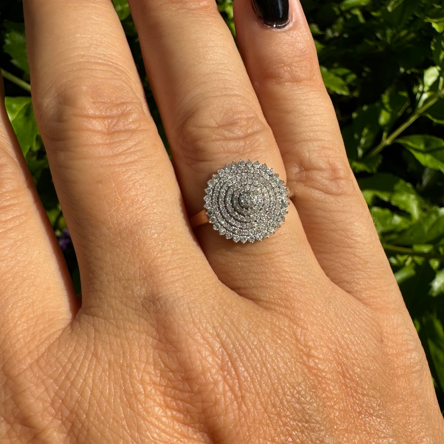 14K gold ring featuring a stunning concentric pavé diamond design