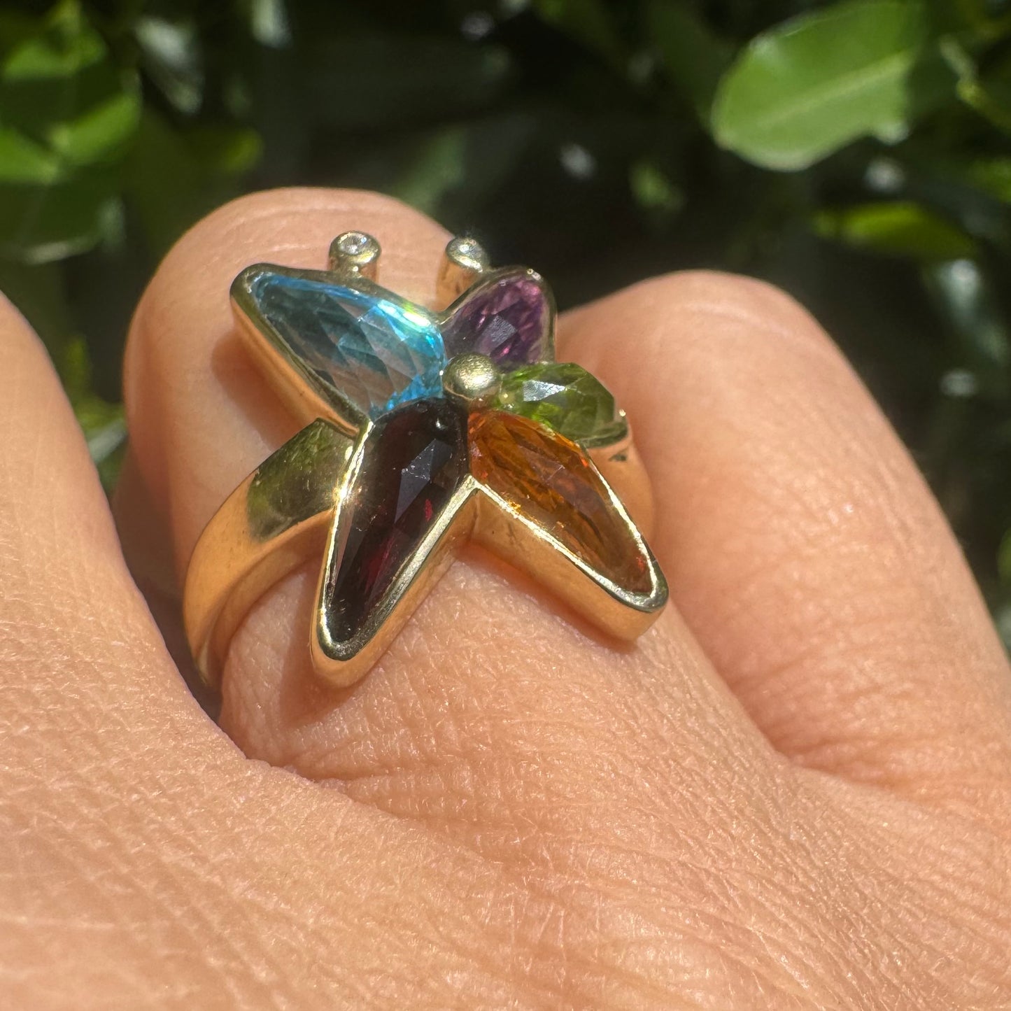 14K gold ring set with colorful gemstones in a butterfly design & Diamonds