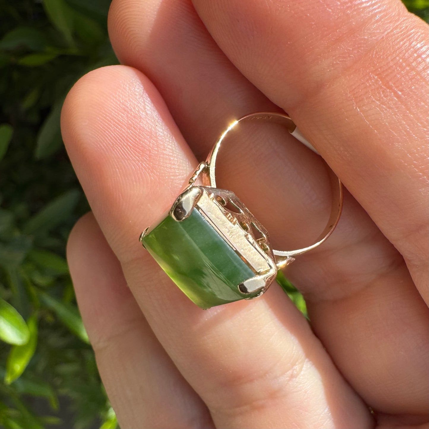 14K gold ring set with square green Jade