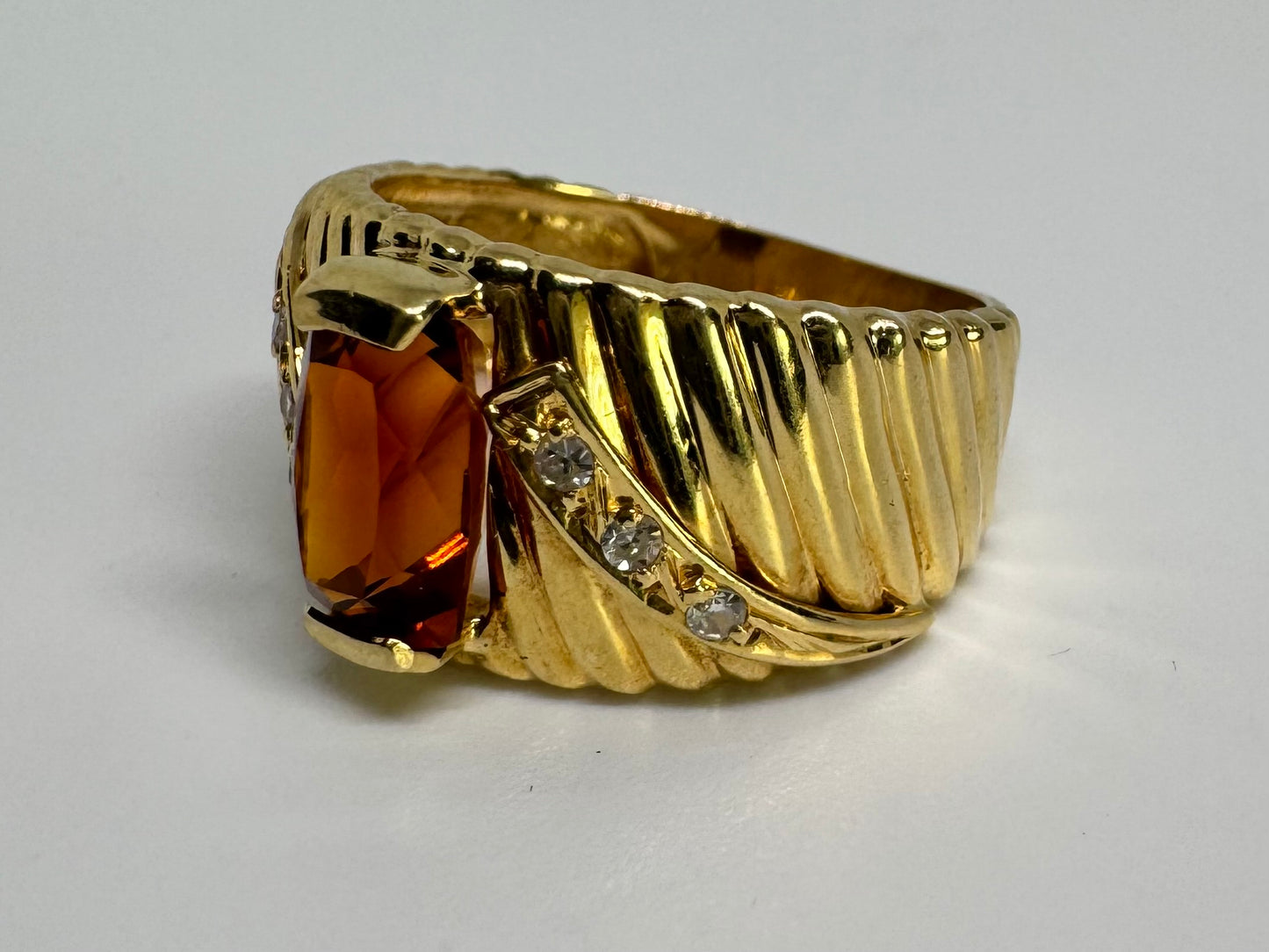 14K gold ring set with Citrine & Diamonds with a textured gold band