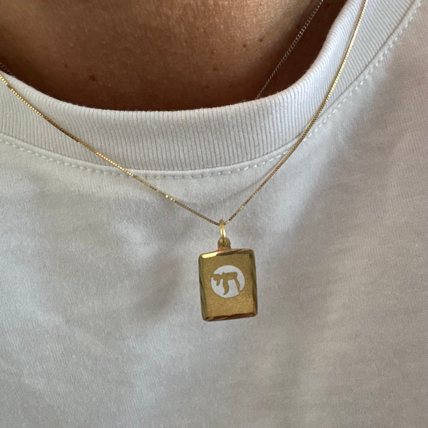 תליון זהב צהוב 14 קראט בעיצוב מלבני עם חריטה של סמל “חי”.